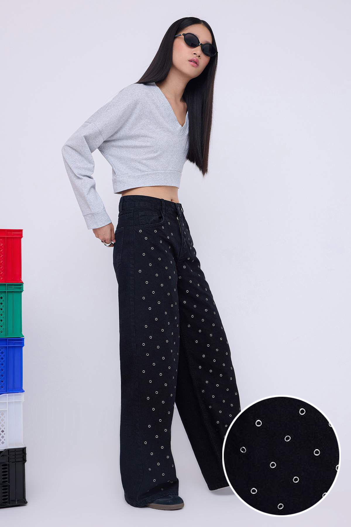 Trendyolmilla  Teen Siyah Kuşgözü Detaylı Yüksek Bel Wide Leg Jeans TWOAW26JE00041