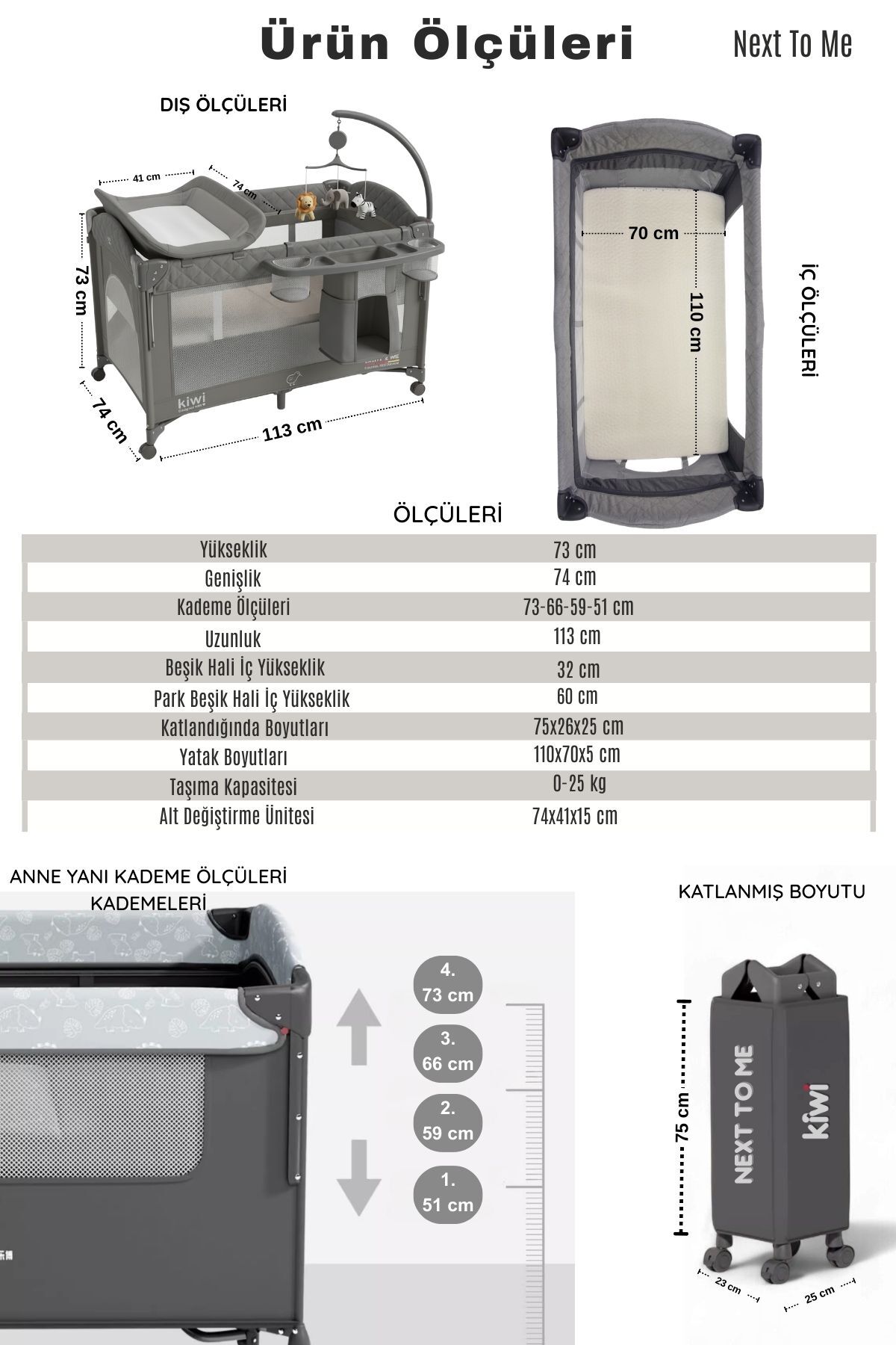 Kiwi Next To Me Anne Yanı Park Yatak Katlanır Beşik,Tekerlekli,Yan Açılır,Dönence+Cibinlik 70x110 - Gri fotoğrafı 4 (önizleme)