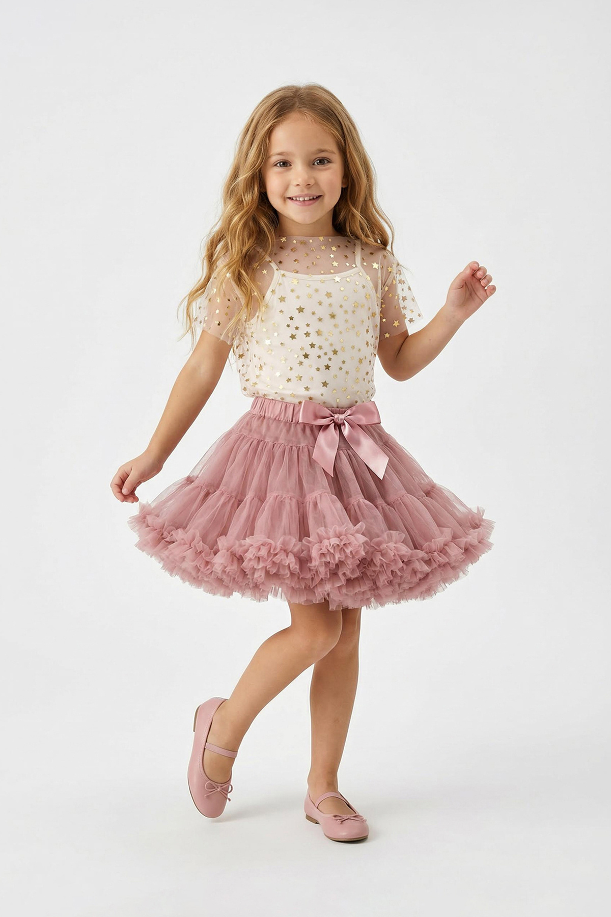 Trendyolmilla  Gül Kurusu Kurdele Detaylı Kız Çocuk Kısa / Mini Düz Dokuma Bayramlık Tütü Etek TKDSS26ET00005 - Görsel 3