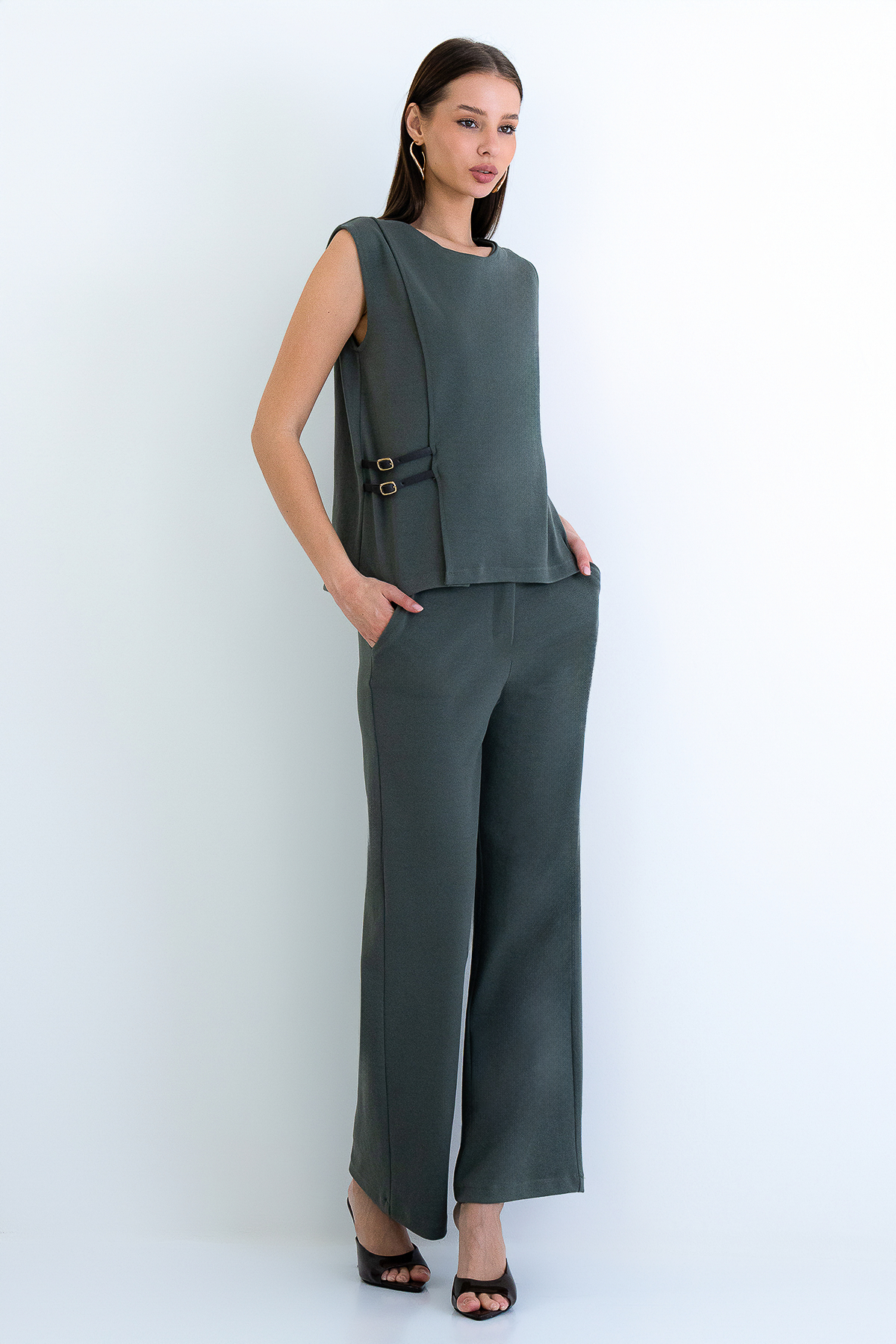 Khaki Crew Neck Leather Buckle Sleeveless Blouse And Palazzo Pants Set With Double Pockets ALC-X14444