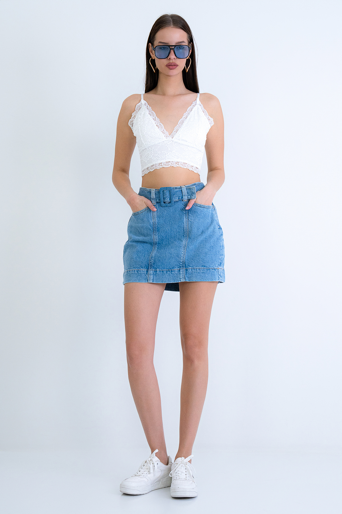 Trend Alaçatı Stili  Kadın Mavi Çift Cepli Kemerli Jean Mini Etek ALC-X15215 - Görsel 3