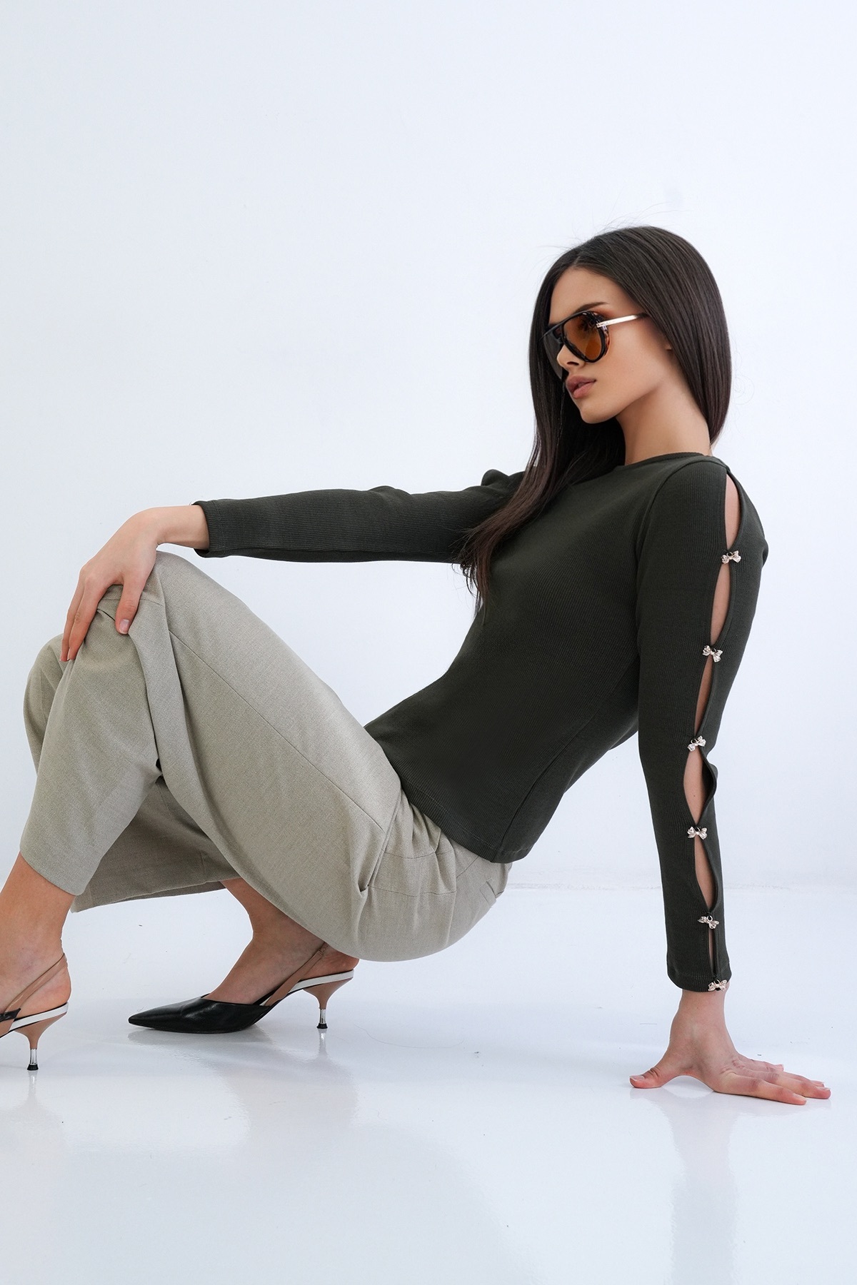 Khaki Crew Neck Gold Button Detailed Ottoban Blouse ALC-X14336