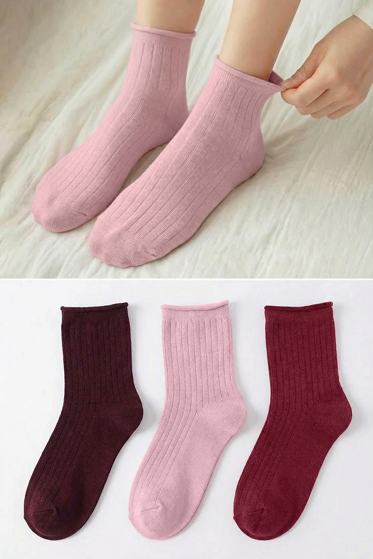 Trendyolmilla Bordo-Çok Renkli 3'lü Paket Pamuklu Lastiksiz/İz Yapmaz Örme Soket Çorap THMAW23CO00115