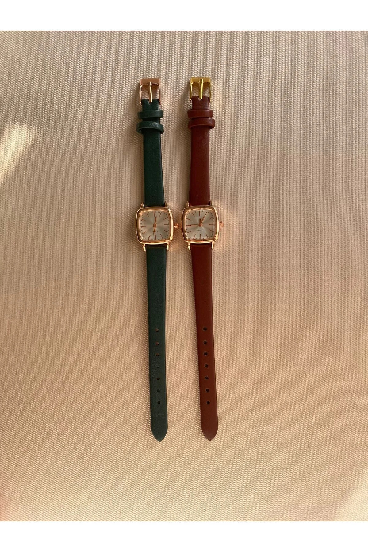 QUARTZ  Retro Minimal Koyu Kahve Renk Kordon Kadın Kol Saati Gold Kasa - Görsel 4