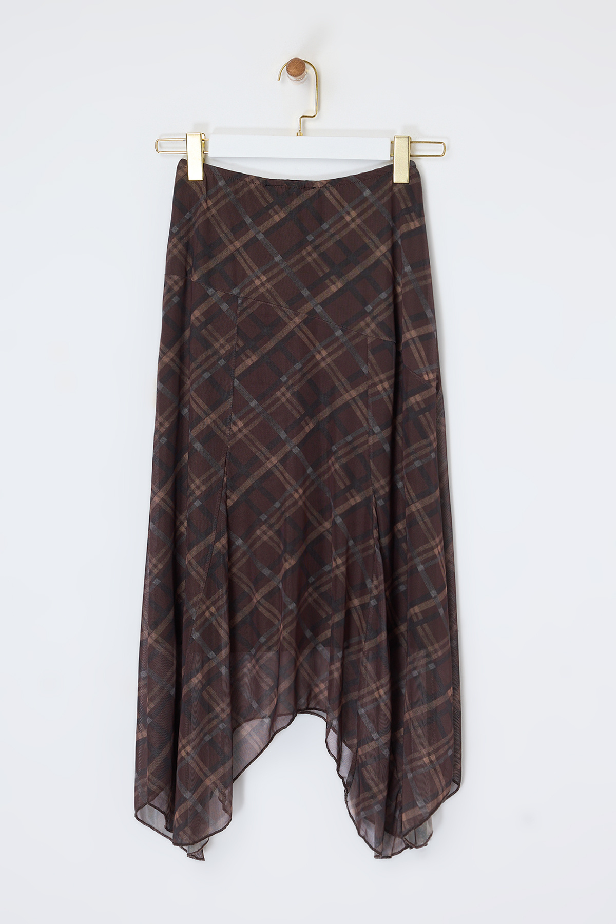 Trendyolmilla  Kahverengi Asimetrik Ekose Desenli Tül Etek TDRSS26ET00021 - Görsel 4