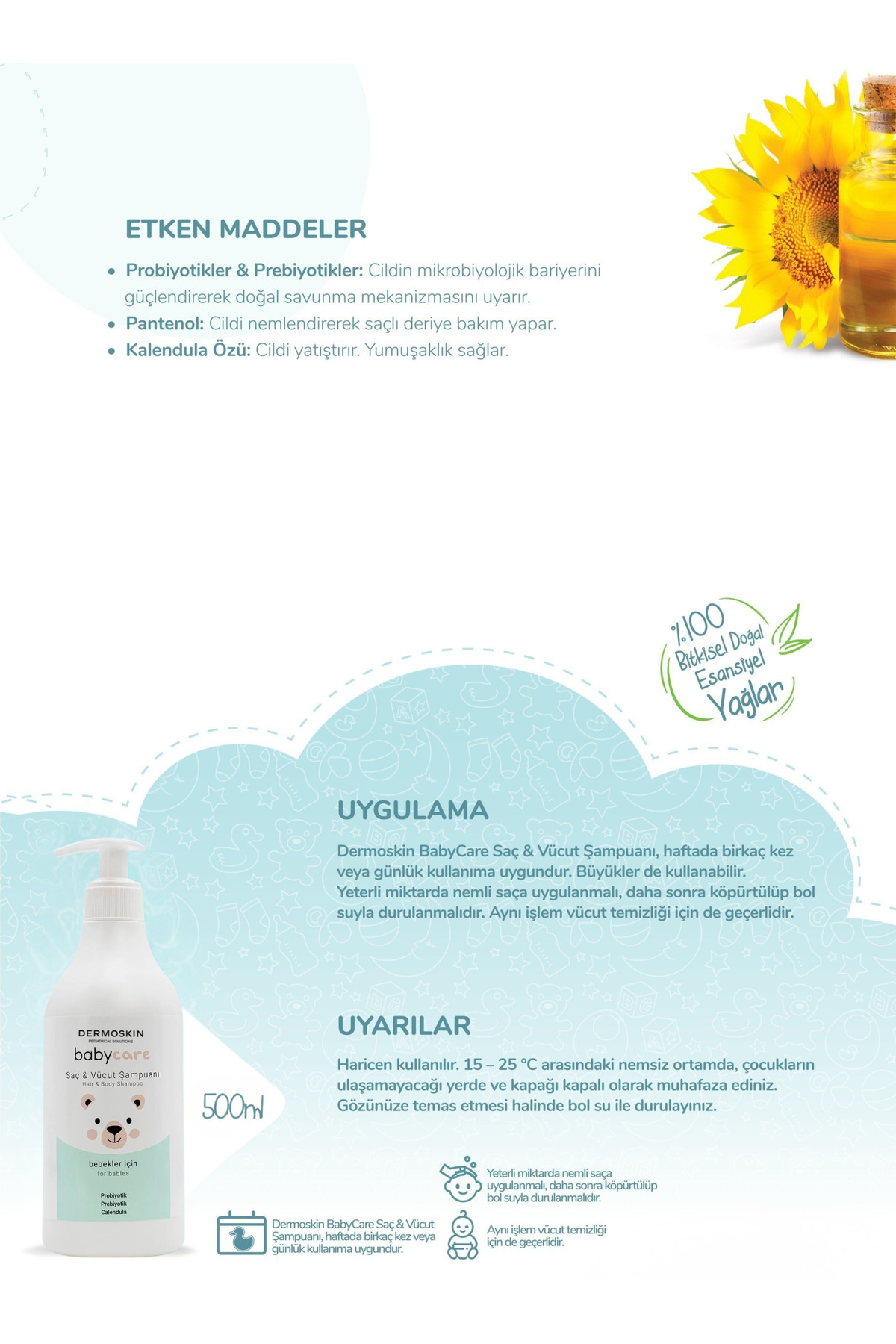 Dermoskin Bitkisel Bebek Saç ve Vücut Şampuanı | Probiyotikli Koruma Sistemi 500 ml fotoğrafı 3 (önizleme)