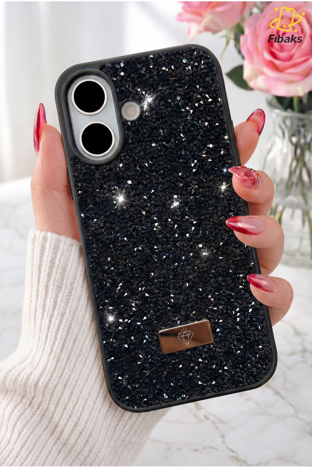 iPhone 16 Case Velvet Diamond Design Black Gemstone Sparkly Diamond Silicone Cover