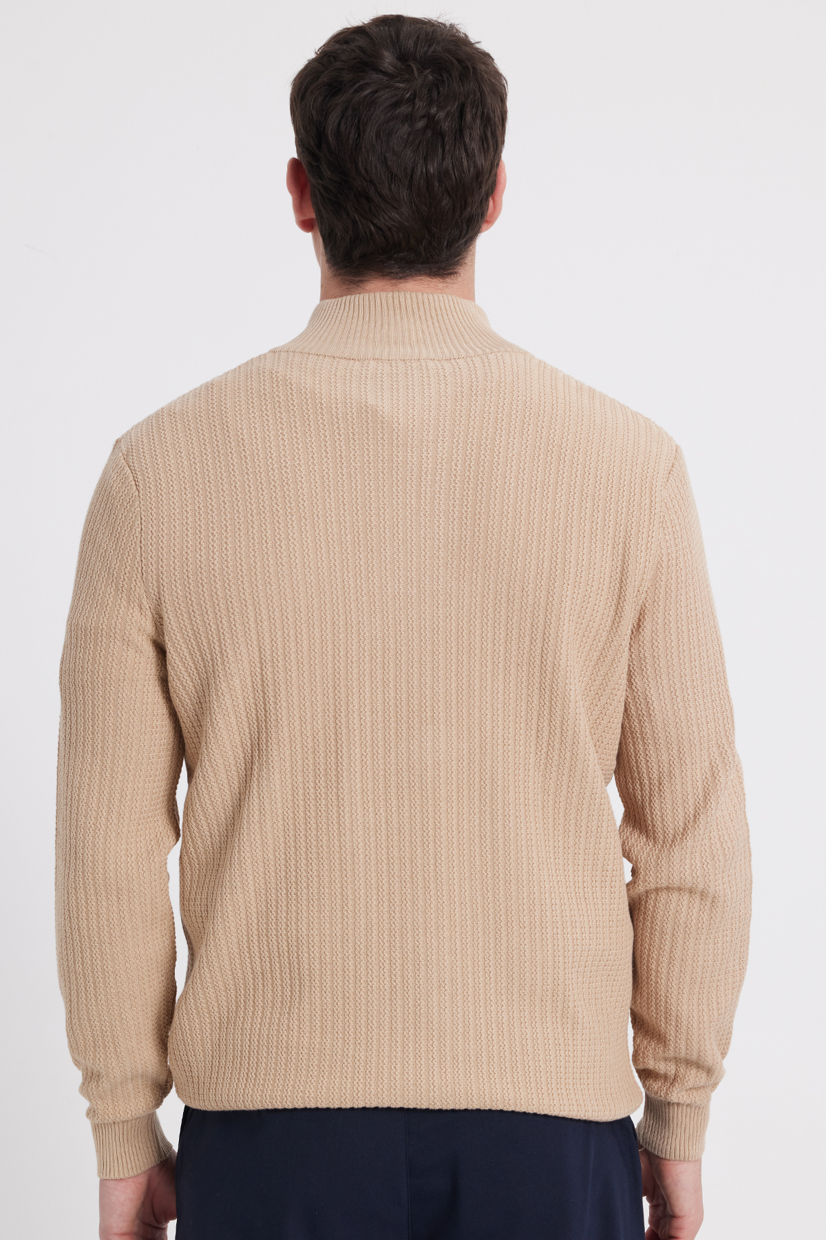 Tudors Erkek Slim Fit Dar Kesim Dik Yaka Fermuarlı Desenli Bej Triko Kazak görsel 6