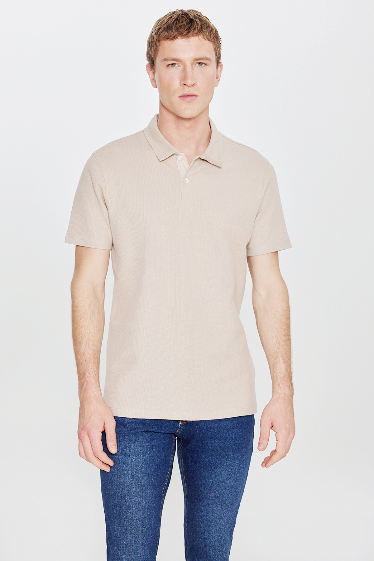 Men's Beige 100% Cotton Trendy Seasonal Ribbed T-Shirt Slim Fit Polo Neck