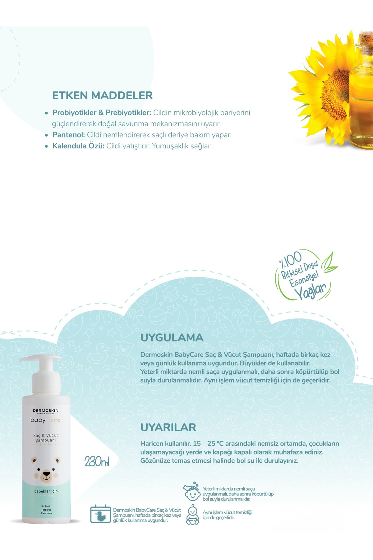 Dermoskin Bitkisel Bebek Saç ve Vücut Şampuanı | Probiyotikli Koruma Sistemi 230 ml fotoğrafı 3 (önizleme)