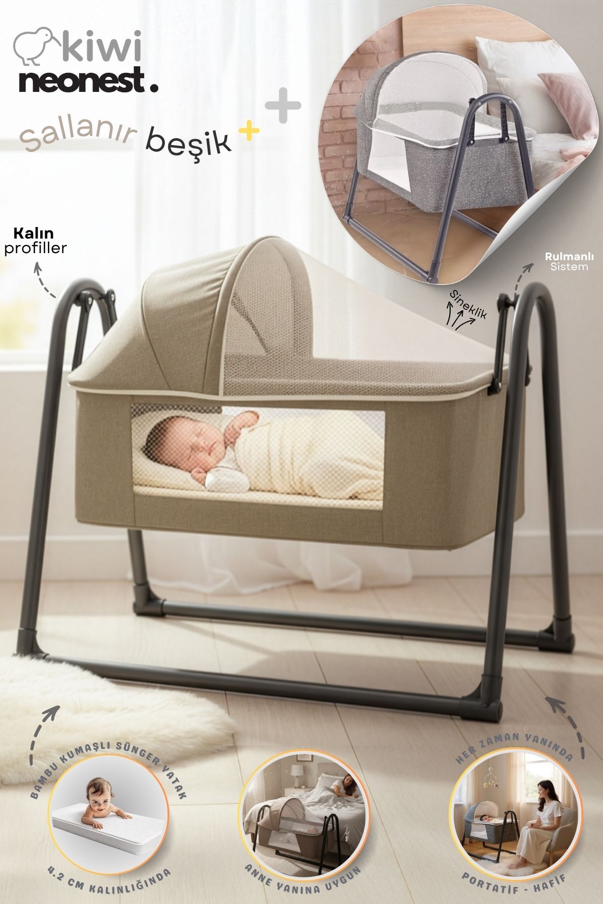Kiwi Neonest Anne Yanı Kalın Yataklı Cibinlikli Ve Tenteli, Sallanır. Portatif Sepet Beşik Yeni Latte fotoğrafı 2 (önizleme)