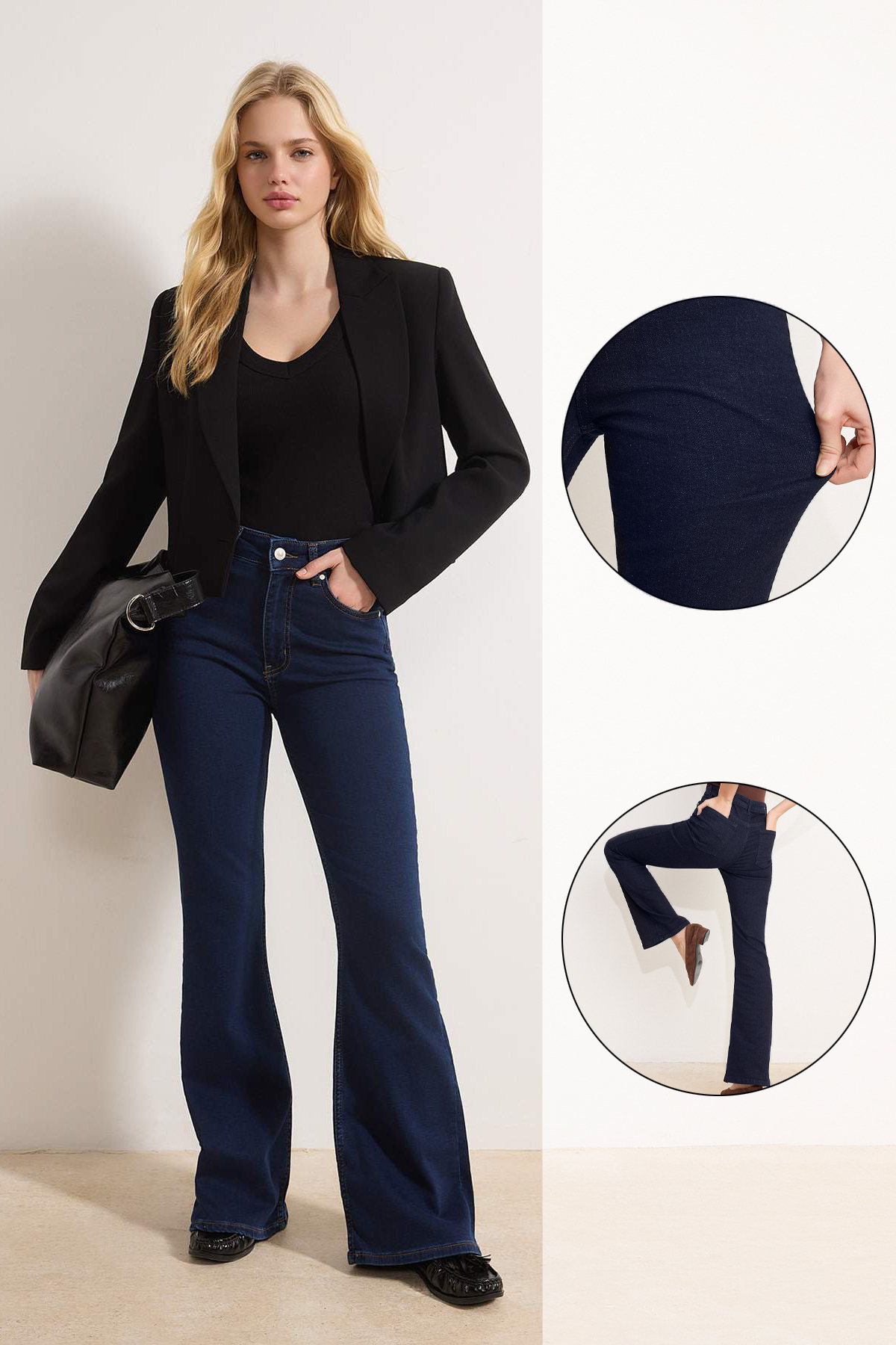 Trendyolmilla  Koyu Mavi Yüksek Bel Flare Yumuşak Ekstra Esneyen Örme Kot/Jeans TWOSS26JE00091