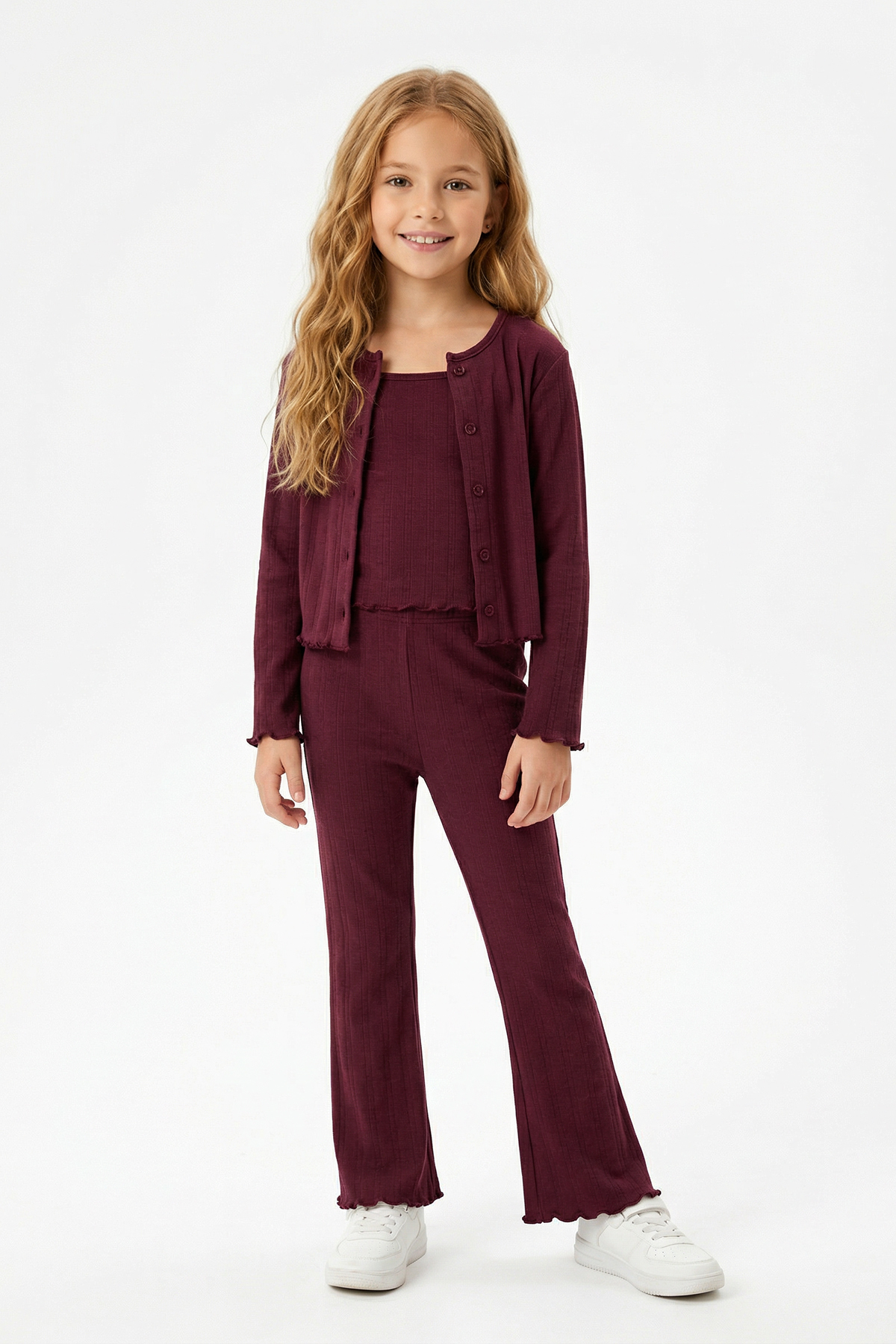 Trendyolmilla  Bordo 3'lü Kız Çocuk Örme Poitel Kumaş Bayramlık Alt-Üst Takımı TKDSS26AU00024