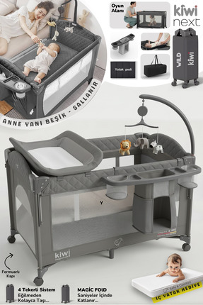 Kiwi Wild 3in1 Anne Yanı Park Yatak Katlanır Beşik, Tekerlekli, Yan Açılır, M...