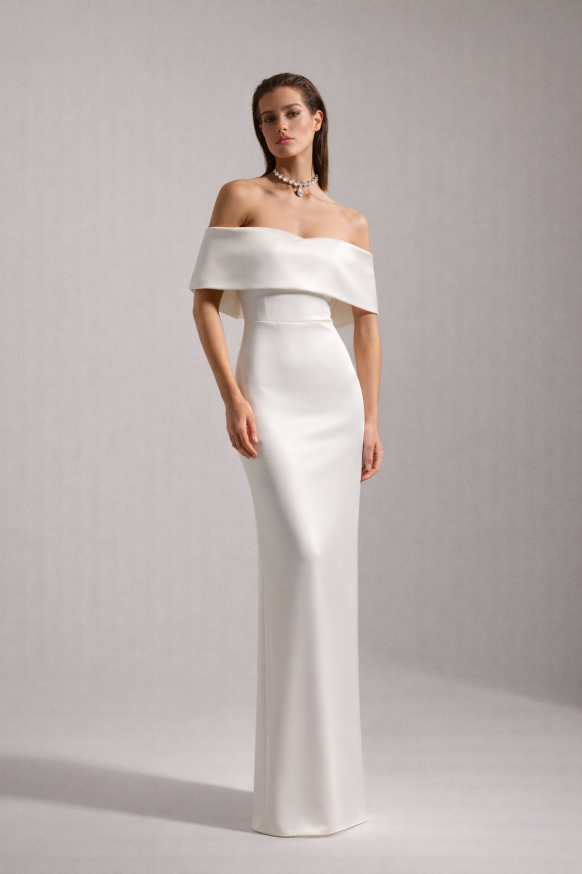 PAMELLA MADONNA COLLAR SATIN WHITE ENGAGEMENT DRESS