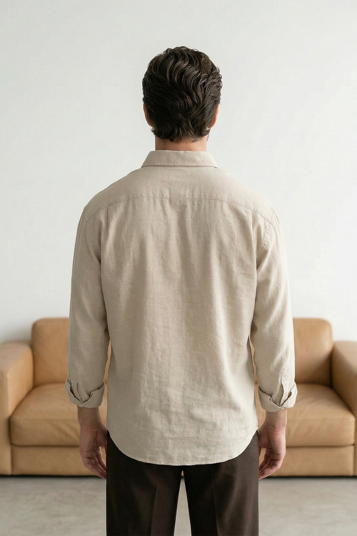 Trendyolmilla  Krem Keten Dokulu Uzun Kollu Yarı Oversize Erkek Gömlek TMNSS26GO00036 - Görsel 2