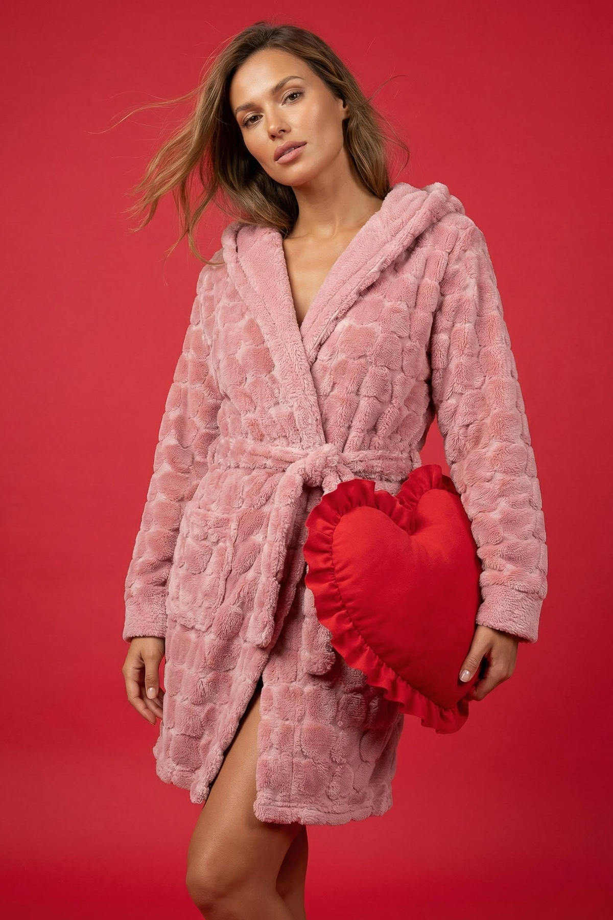 Trendyol Collection Зимен плетен пеньоар с розов колан със сърце Thmaw24Sb00002