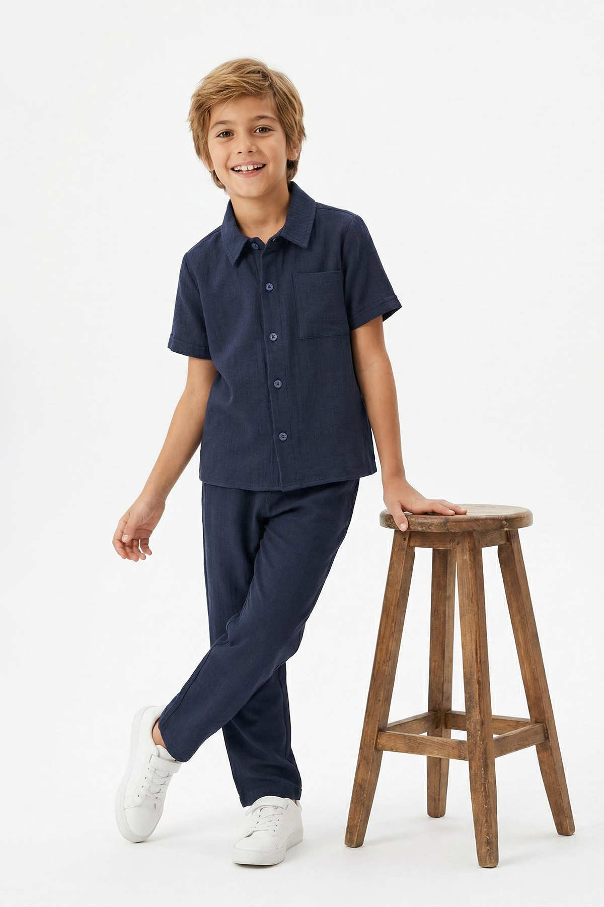 Trendyolmilla  Lacivert Dokulu Erkek Çocuk Bayramlık Dokuma Alt - Üst Takım TKDSS26AU00014