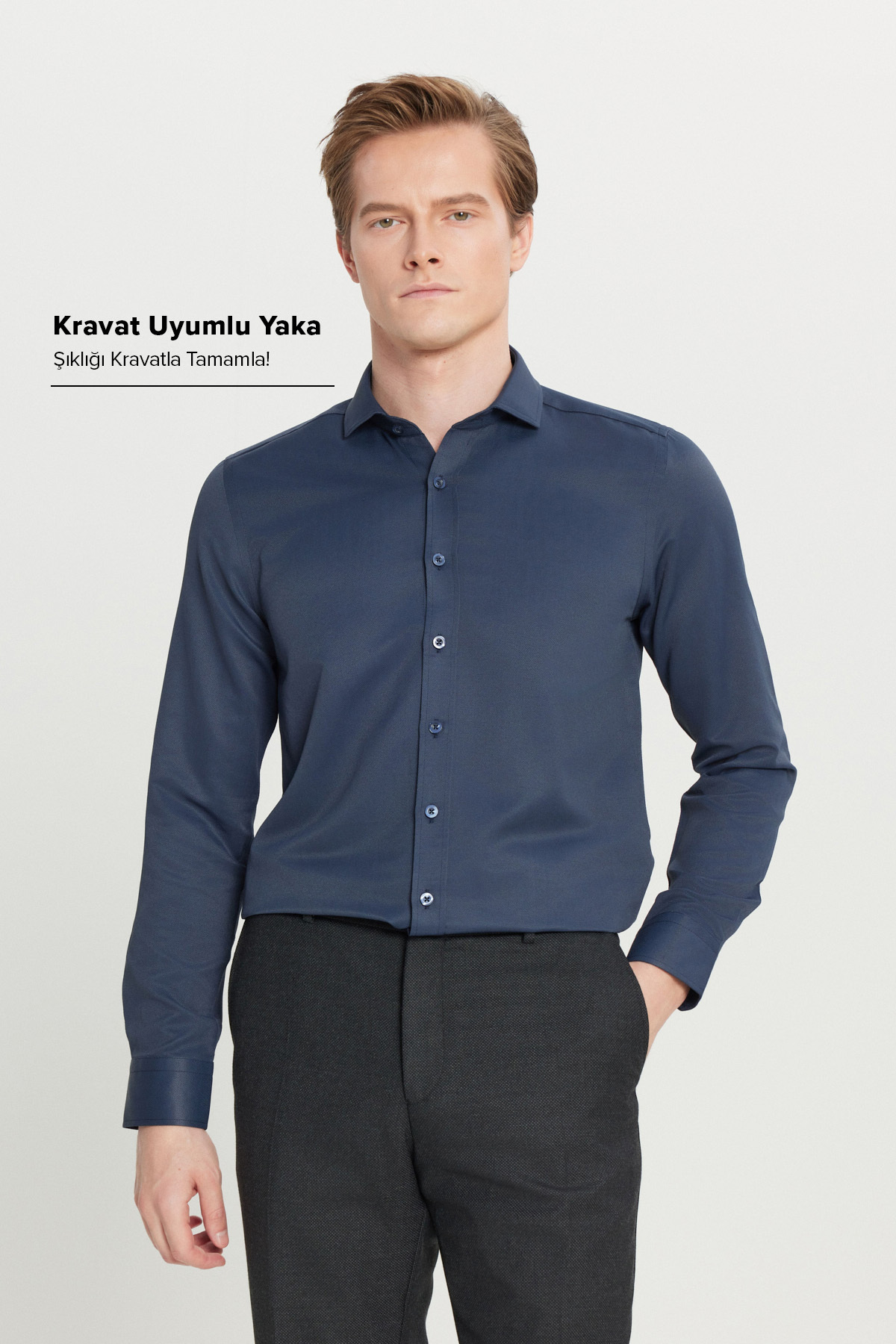 Men's Navy Blue Easy Iron-On Slim Fit Slim Fit Italian Collar Stud Shirt