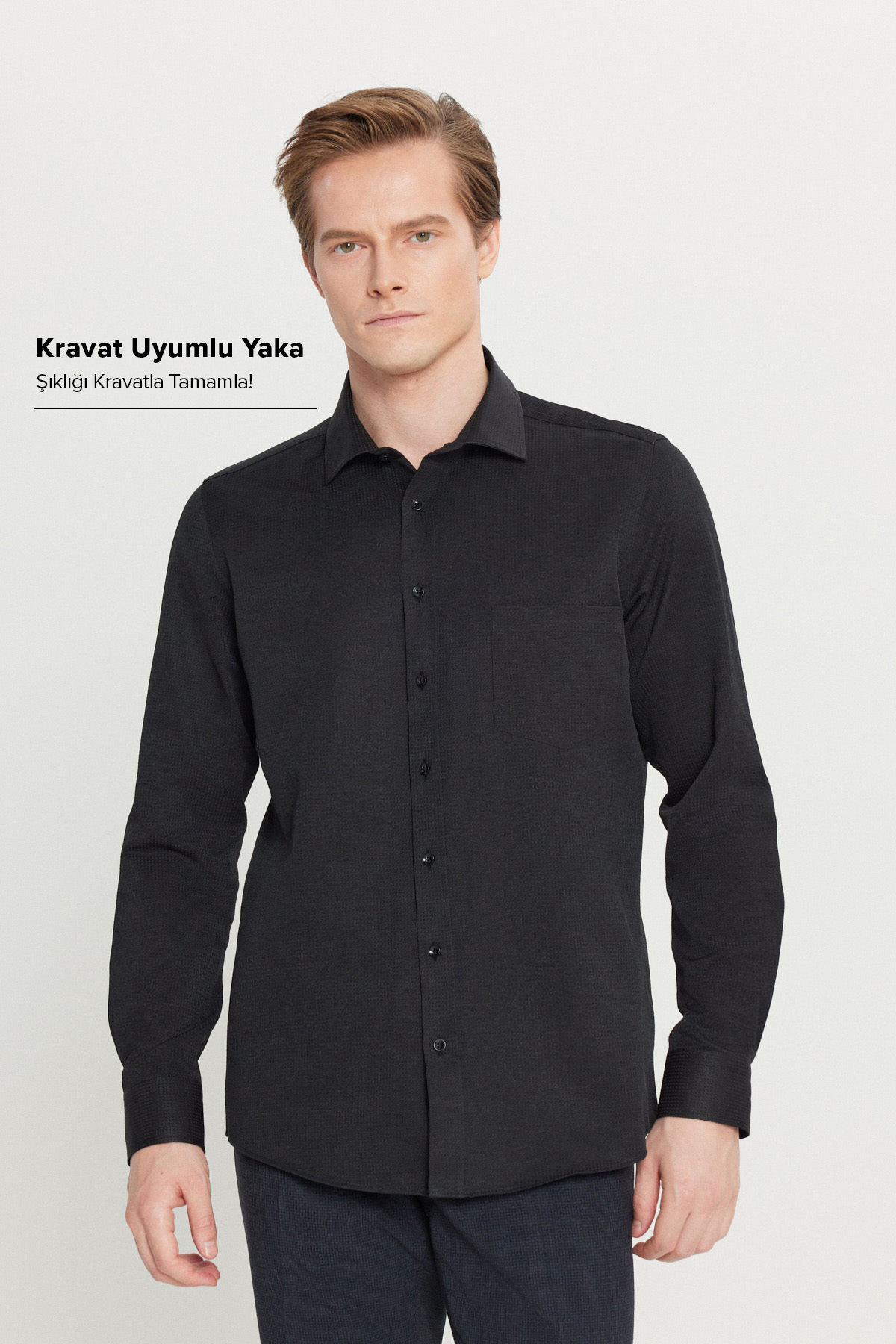 AC&Co / Altınyıldız Classics Erkek Siyah Pamuklu Tailored Slim Fit Dar Kesim Klasik Yaka Armürlü Cepli Gömlek — مشکی ETE020261591