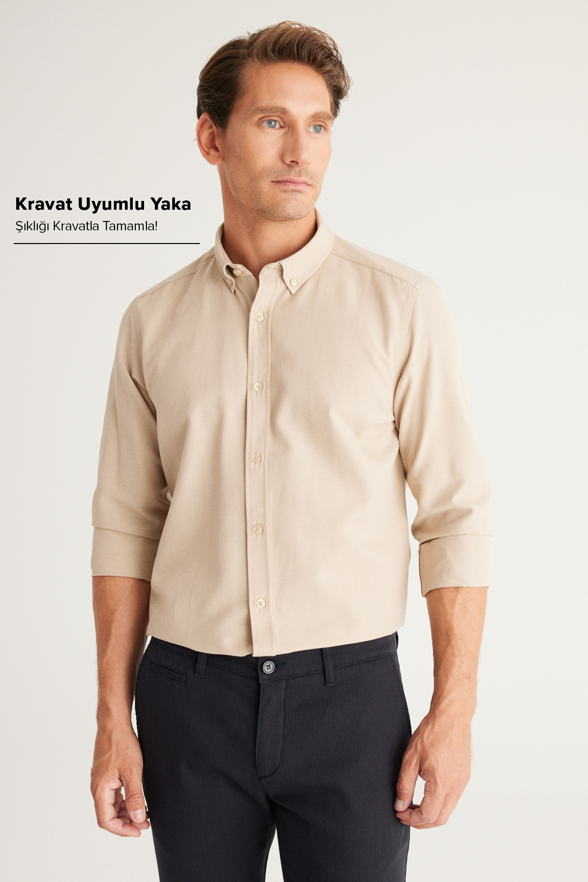 AC&Co / Altınyıldız Classics  Erkek Oxford Kolay Ütülenebilir Pamuklu Terletmez Gömlek Bej Düğmeli Yaka Slim Fit Dar Kesim