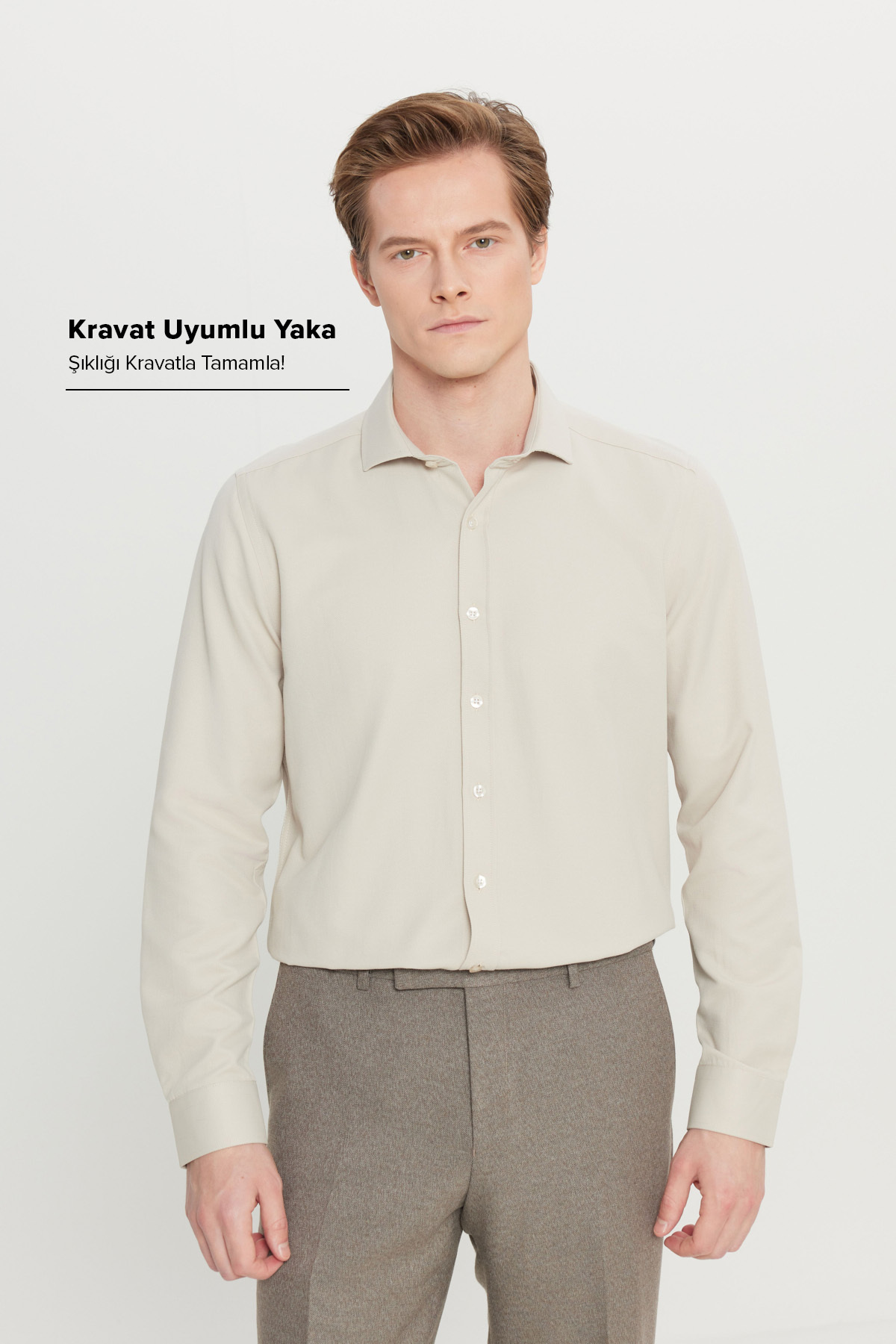 Men's Beige Easy Iron-On Slim Fit Slim Fit Italian Collar Stud Shirt