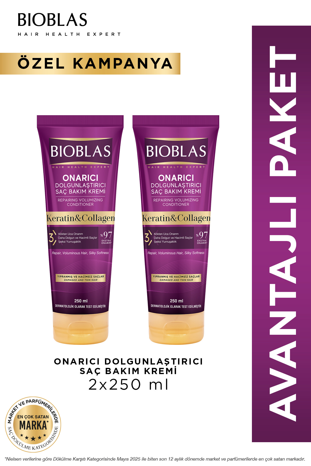Bioblas بیوبلاس نرمکننده موی ترمیمکننده و حجمدهنده کراتین و کلاژن، ۲ عدد ۲۵۰ میلیلیتر، مناسب برای موهای نازک و آسیبدیده — B10312