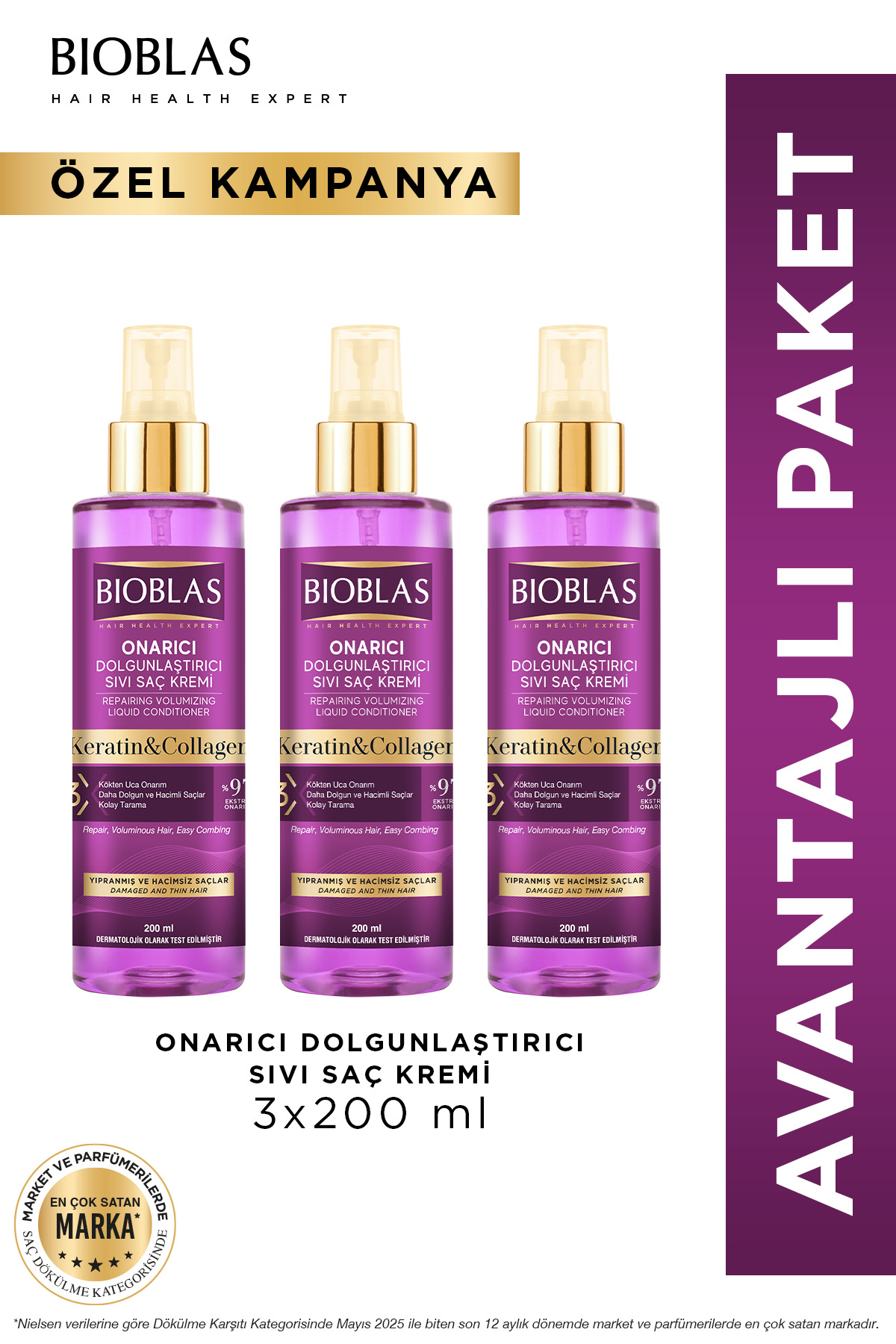 Bioblas Keratin Kolajen Sıvı Saç Kremi 3 x 200 Ml - Onarıcı, Dolgunlaştırıcı, Kolay Tarama — B10309