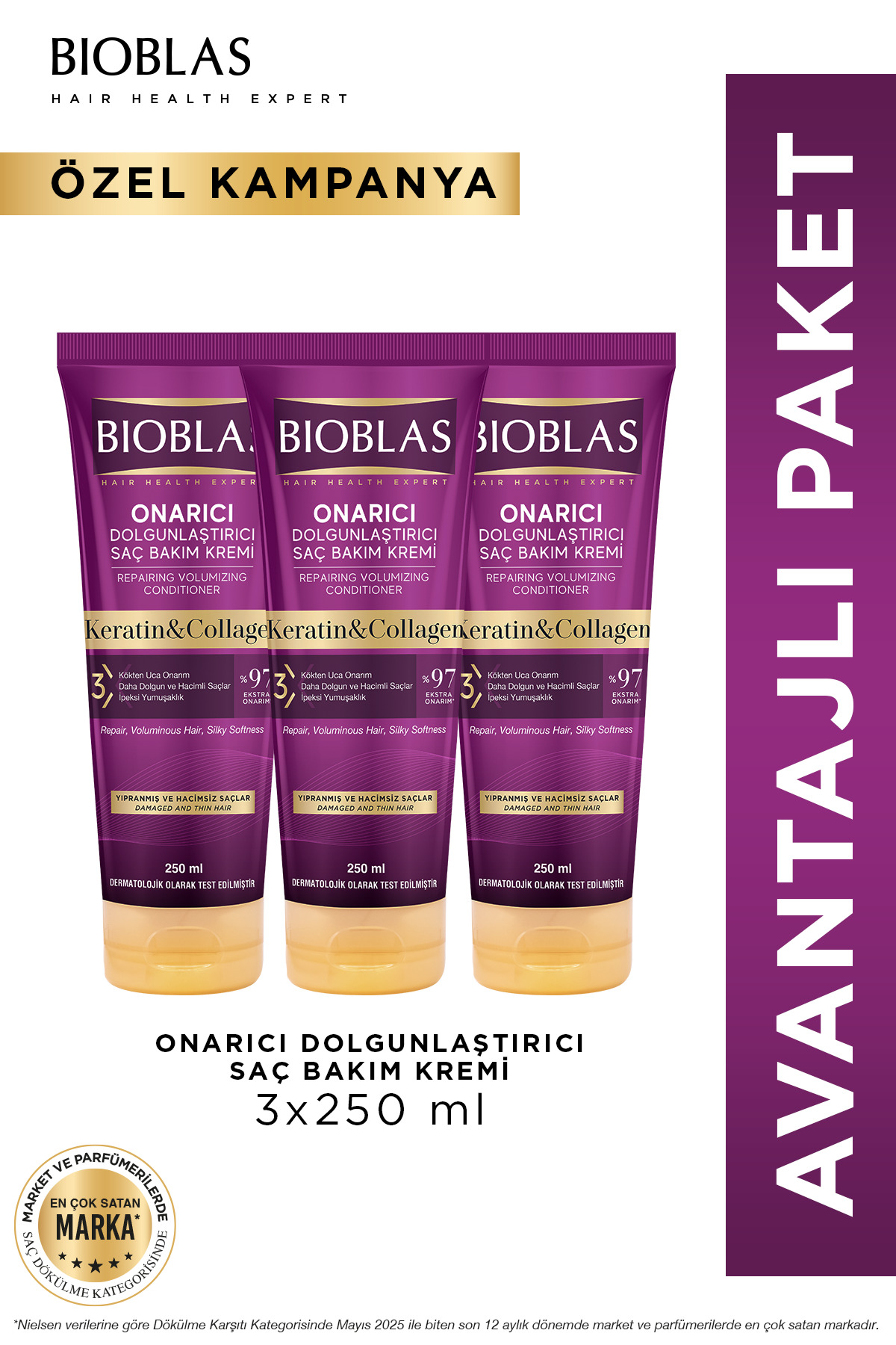 Bioblas Keratin & Kolajen Onarıcı Dolgunlaştırıcı Saç Bakım Kremi 3 x 250 Ml İnce ve Yıpranmış Saçlar — B10313