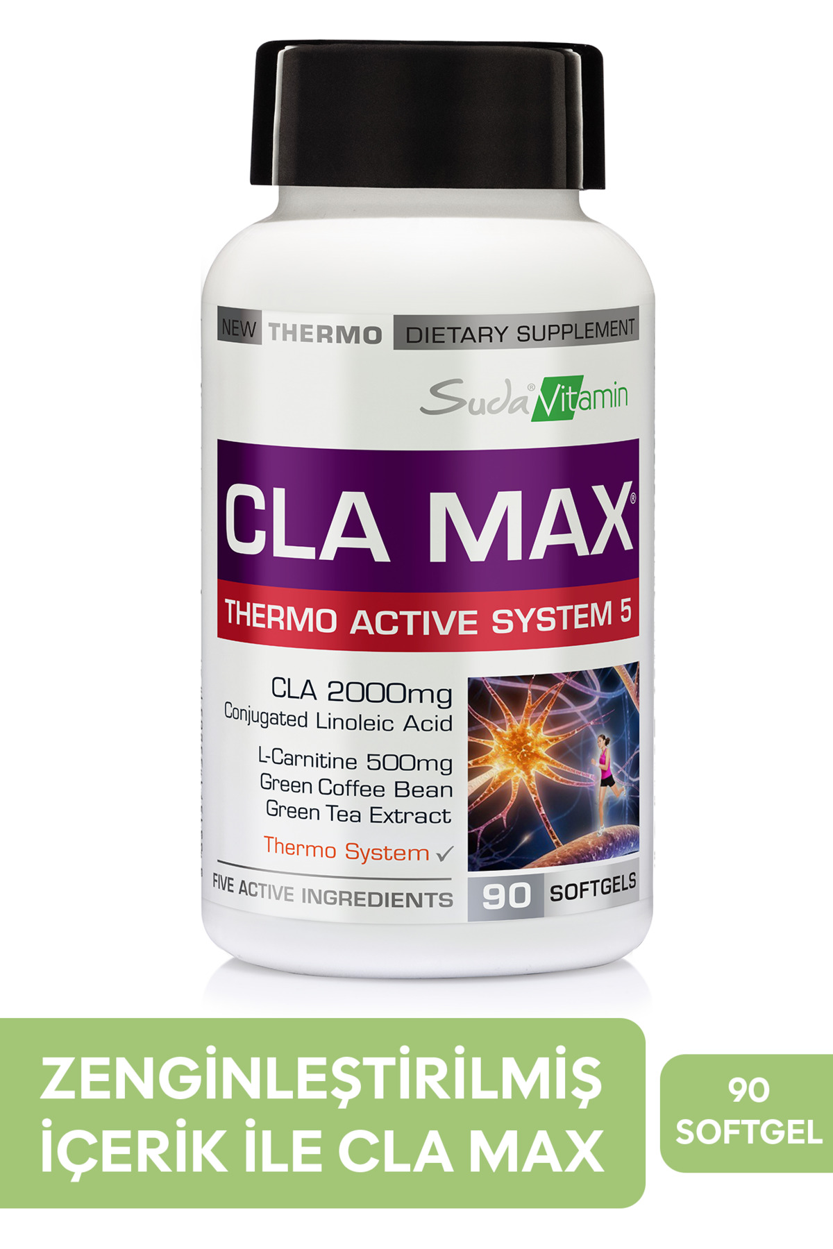 Suda Vitamin CLA max L-Karnitin, Yeşil Çay, Yeşil Kahve, Kafein İçeren Takviye Edici 90 Kapsül
