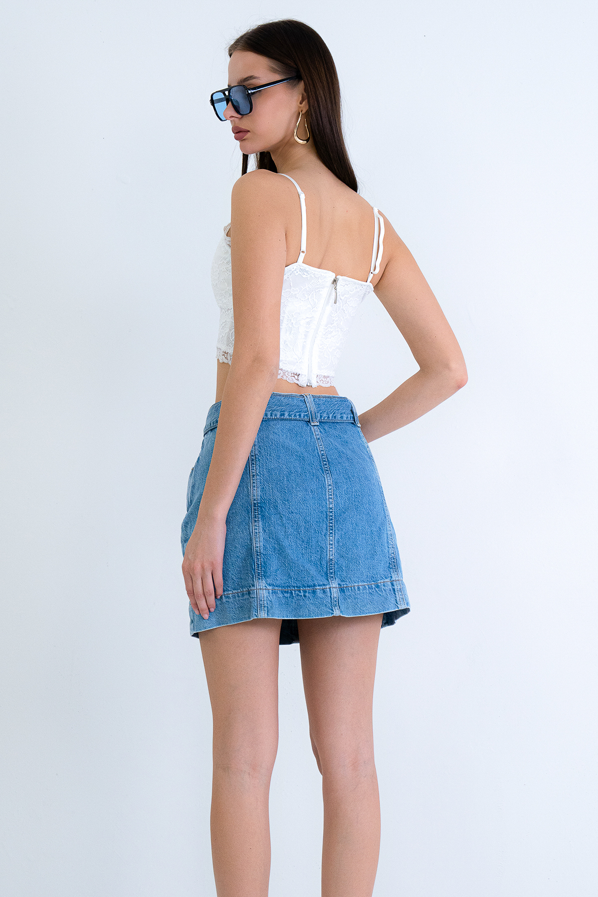 Trend Alaçatı Stili  Kadın Mavi Çift Cepli Kemerli Jean Mini Etek ALC-X15215 - Görsel 7