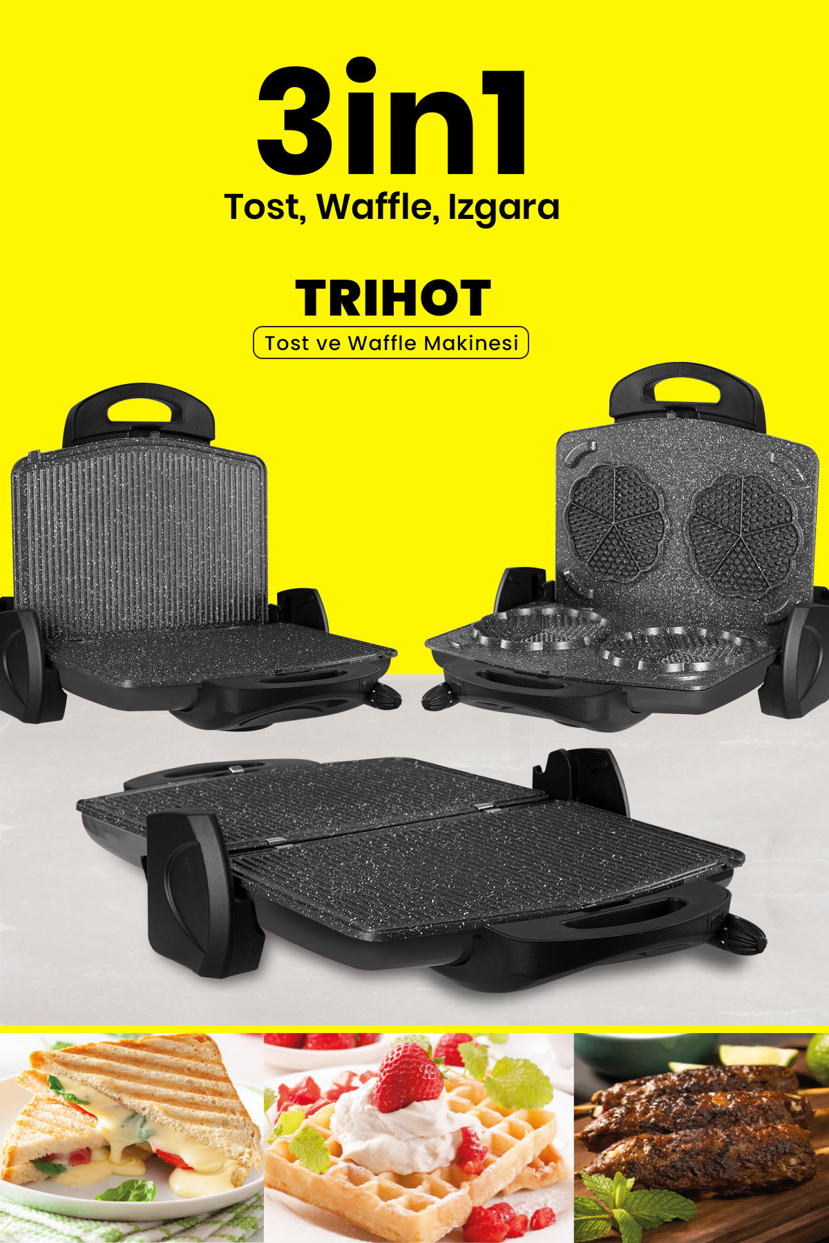 Trihot 3 In 1 Granite Removable Plate Waffle Grill Toaster 6 Slices Anthracite IN-7464AN