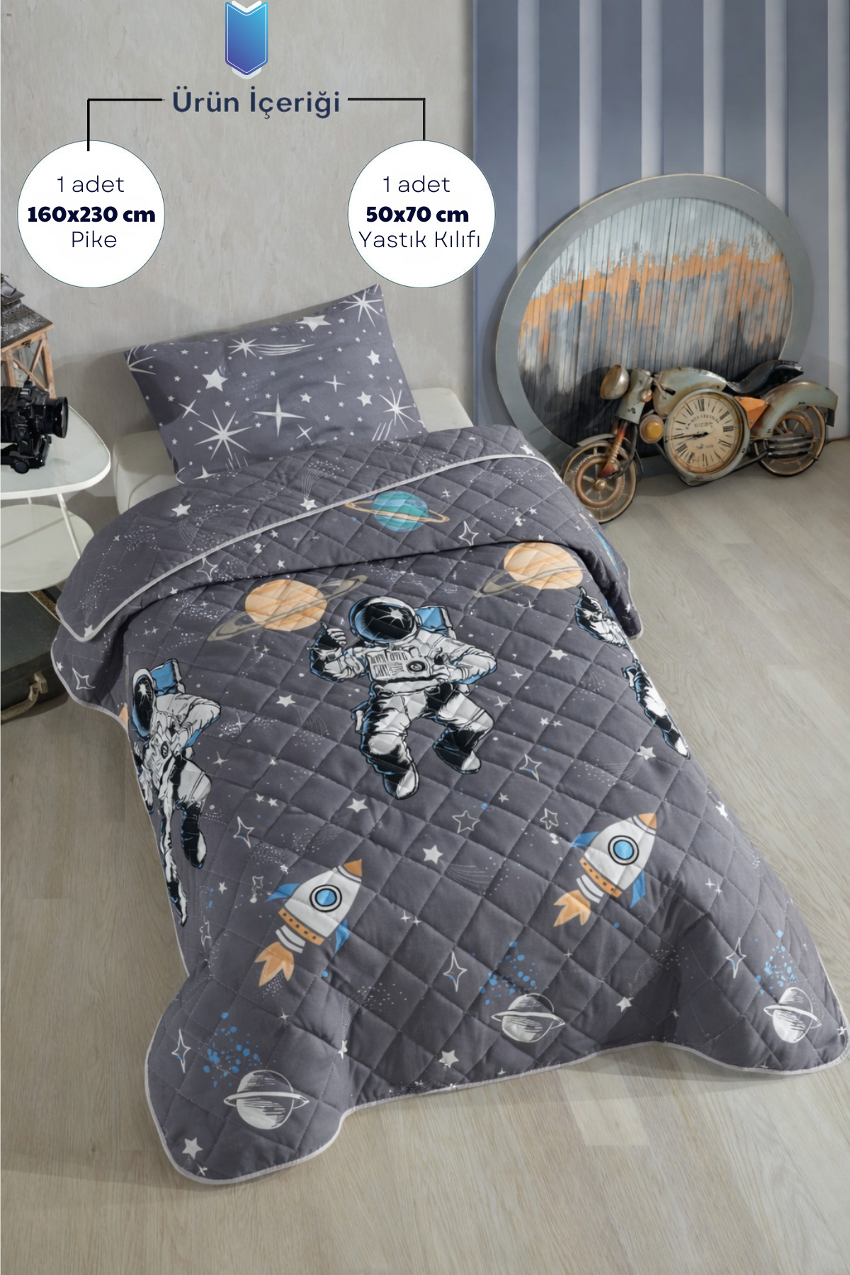 Astronaut Patterned Child-Teen Room Single Quilting-Bedspread Set 160 x 230 Cm (without conflict)