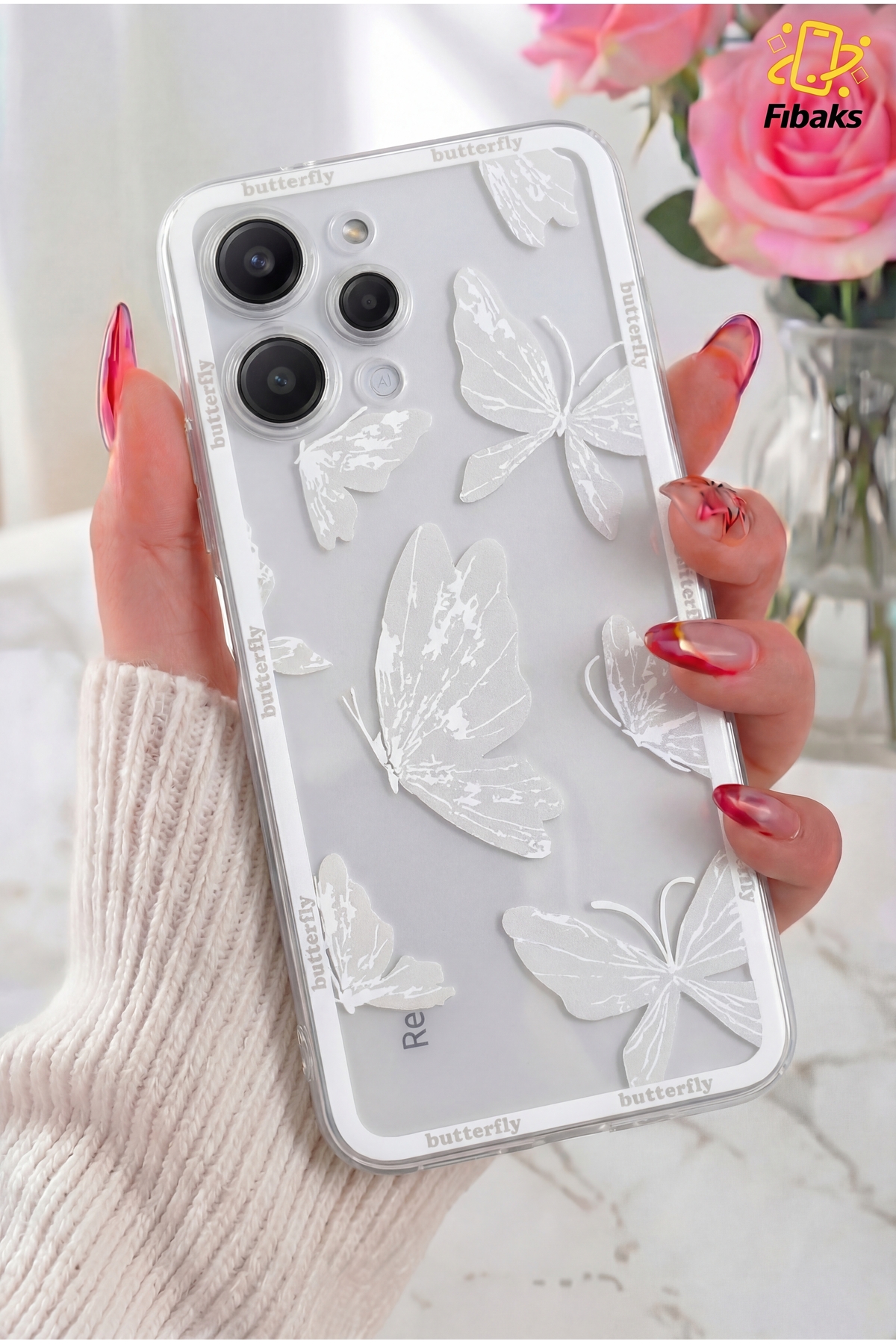Redmi 12 Case Design Patterned Camera Shielded Transparent Butterfly Flexible Soft Silicone Cap