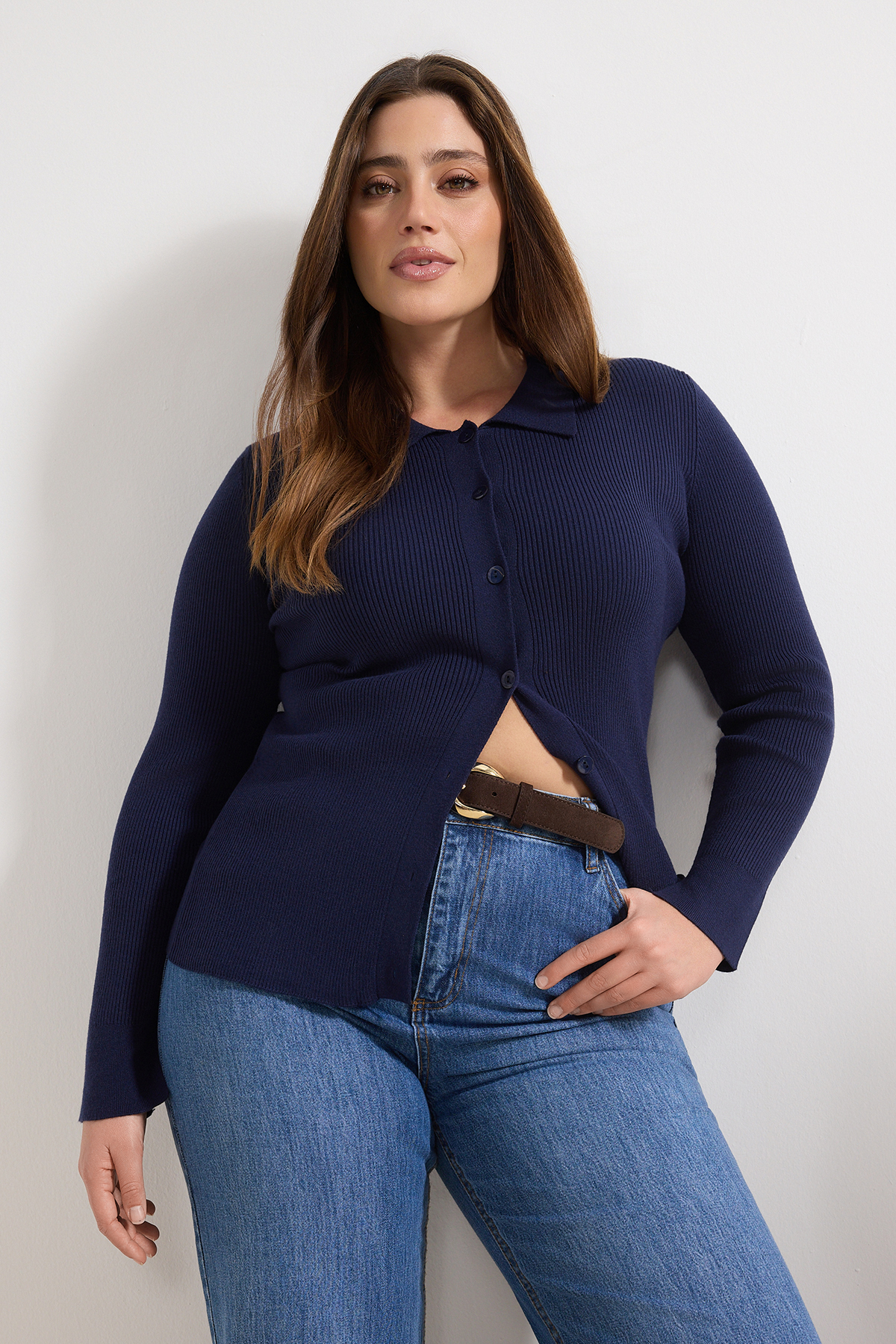 Trendyolmilla Curve Wardrobe Essentials Lacivert Premium İplik Polo Yaka Triko Hırka TBBAW26AV00063