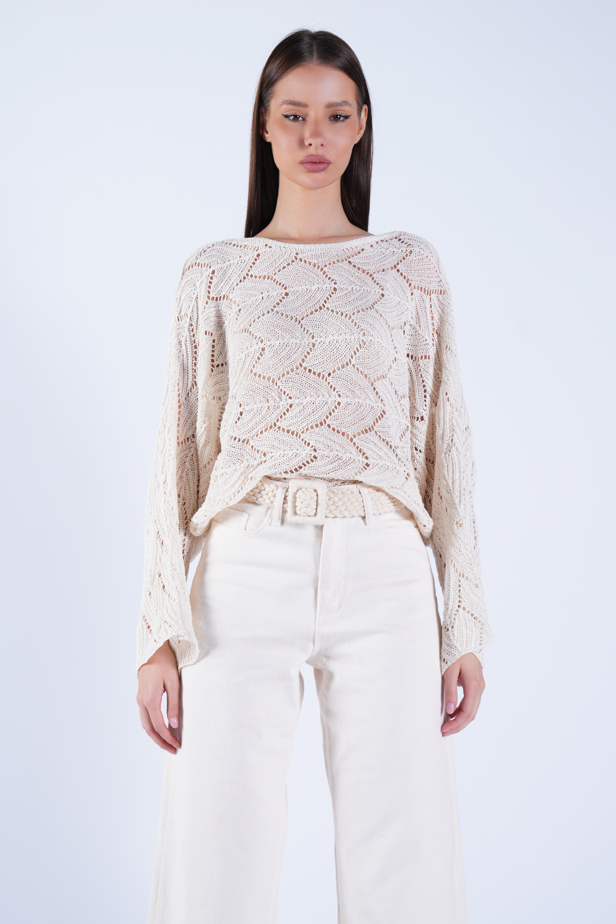 Trend Alaçatı Stili  Vanilya Kayık Yaka Yaprak Desenli Salaş Crop Triko Bluz ALC-X15111 - Görsel 2