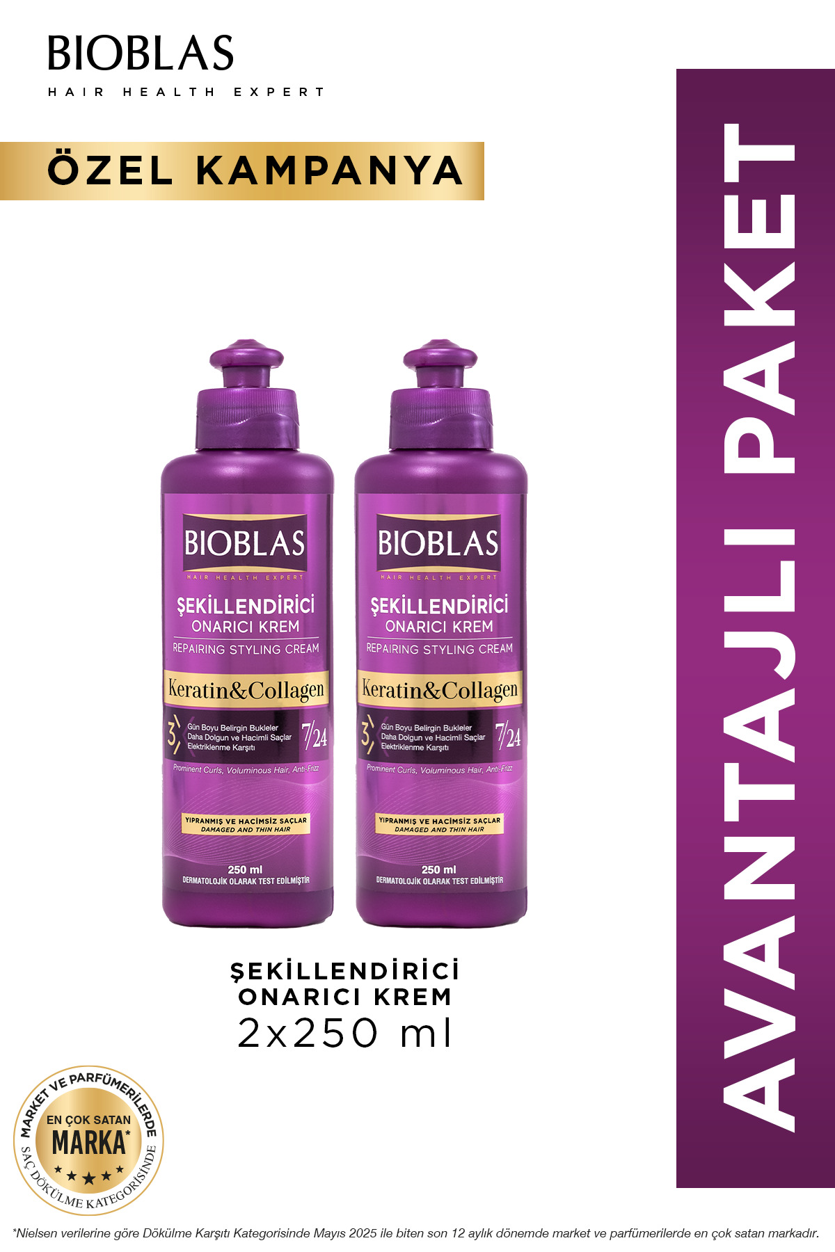 Bioblas 7 24 Şekillendirici Saç Bakım Kremi Belirgin Bukleler Dalgalı Ve Kıvırcık Saçlar 2 x 250ML — B10310