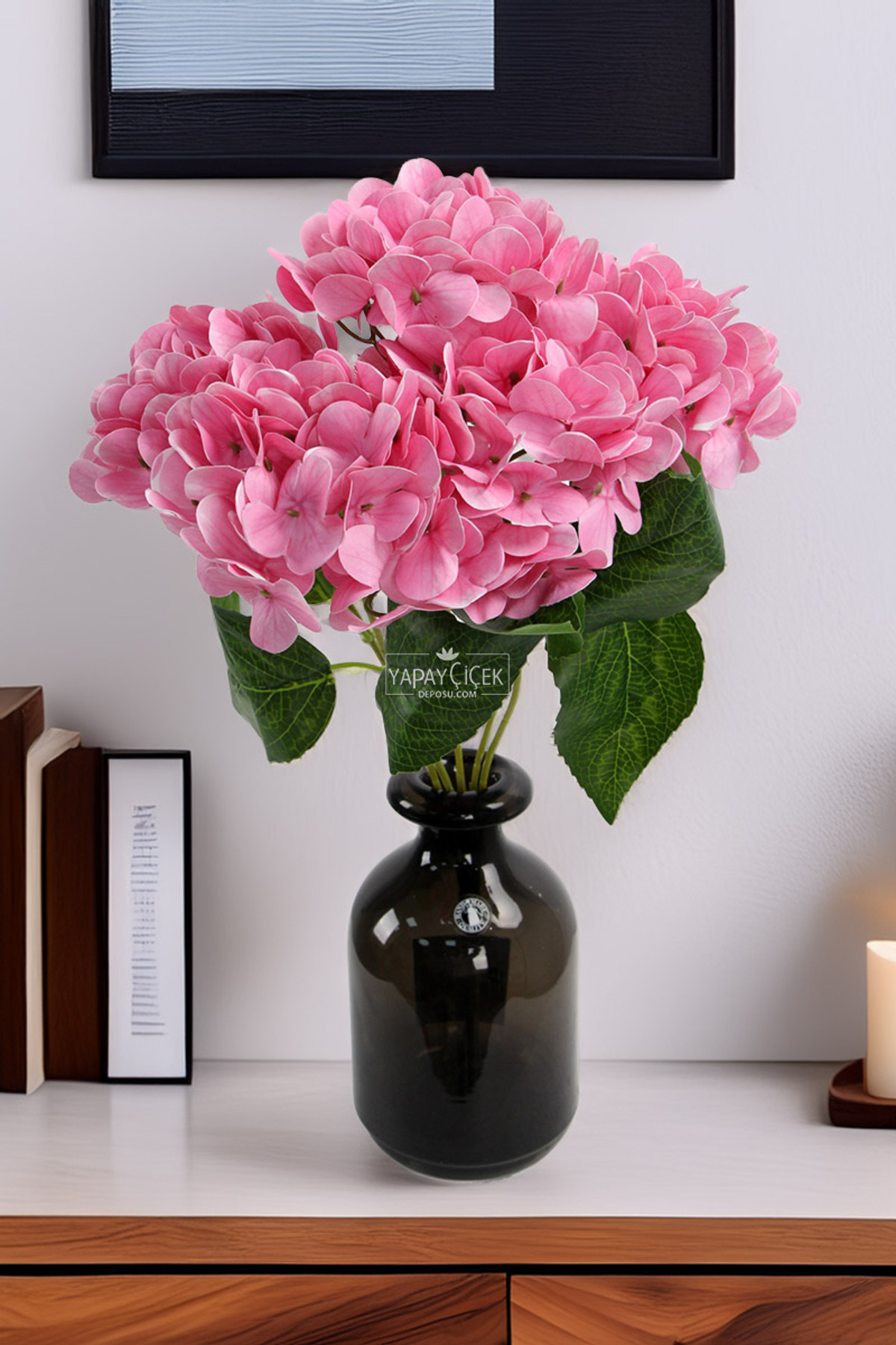 Artificial Luxury 5 Branch Wet Hydrangea Bundle 45cm Dark Pink