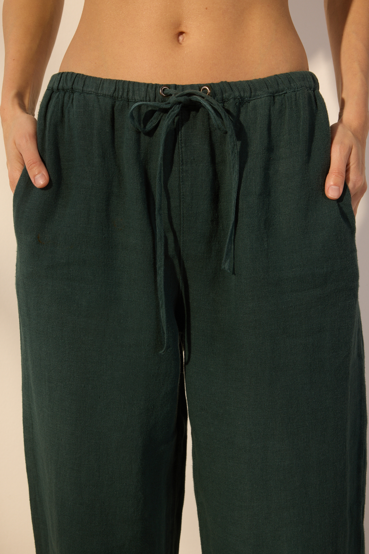 Trendyolmilla  Petrol %100 Keten Beli Lastikli Normal Bel Wide Leg Pantolon TWOSS26PL00048 - Görsel 3