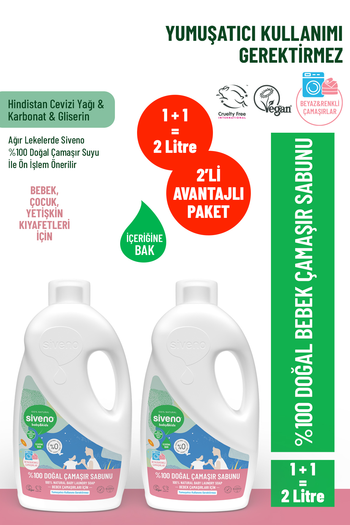 Siveno %100 Doğal Bebek Çamaşır Sabunu Kendinden Yumuşatıcılı Bitkisel Deterjan 1000 ml X2 Adet