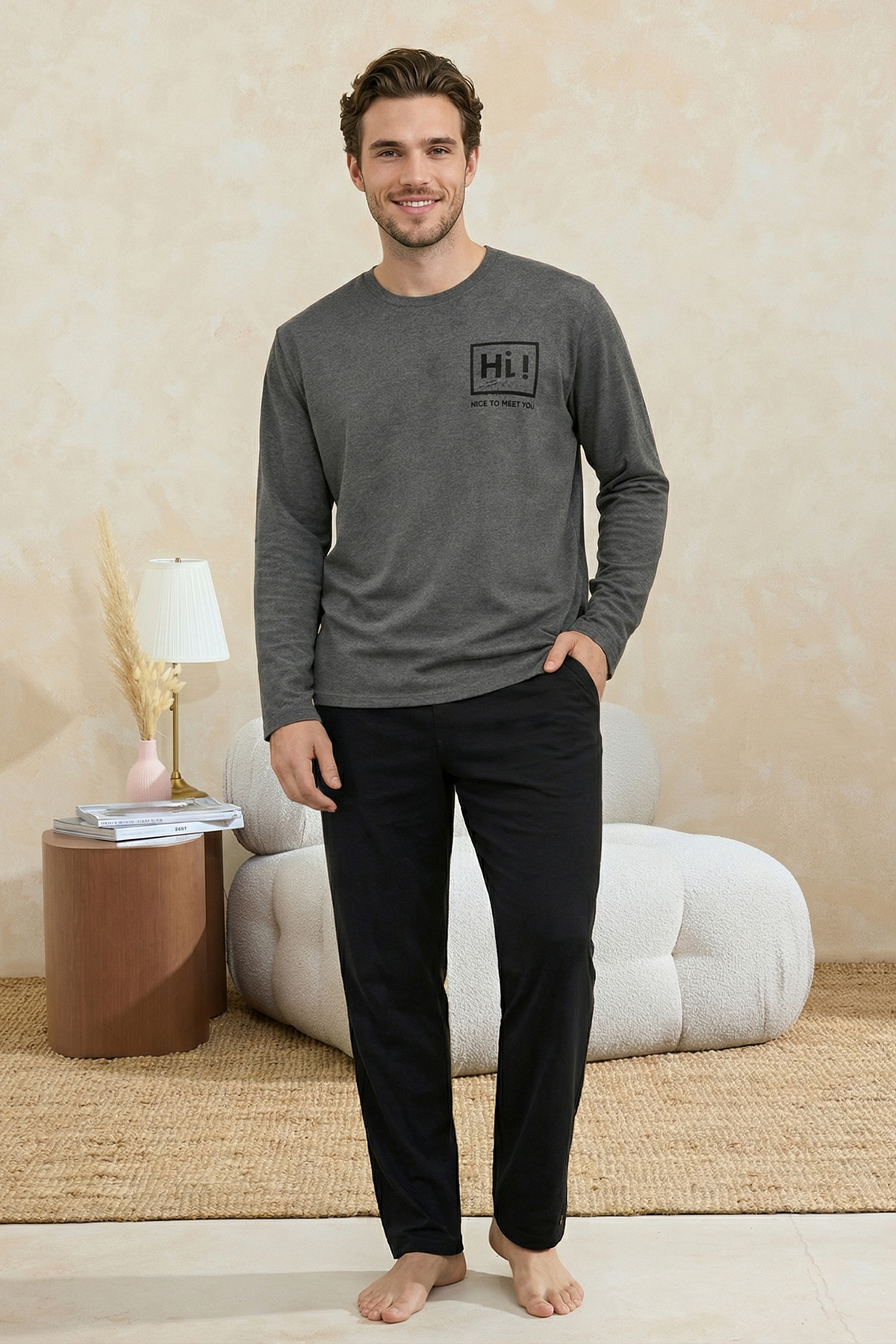 Trendyolmilla Man Antrasit Regular Fit Baskılı Örme Pijama Takımı TMNAW26PT00081