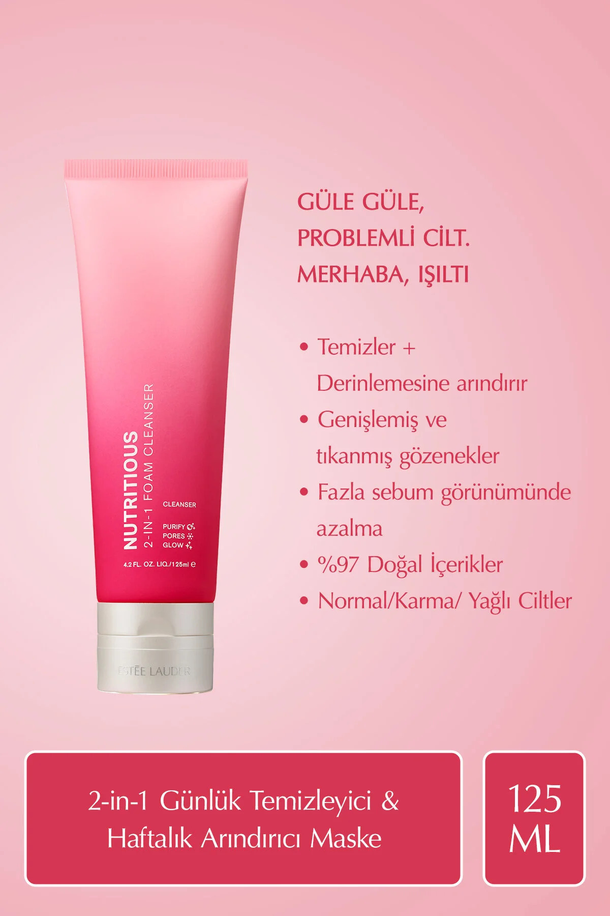 Estee Lauder Nutritious 2-in-1 Yüz Temizleme Köpüğü & Maske, Gözenekler, Yağ Kontrolü, Doğal İçerikler - 125ml — 112204