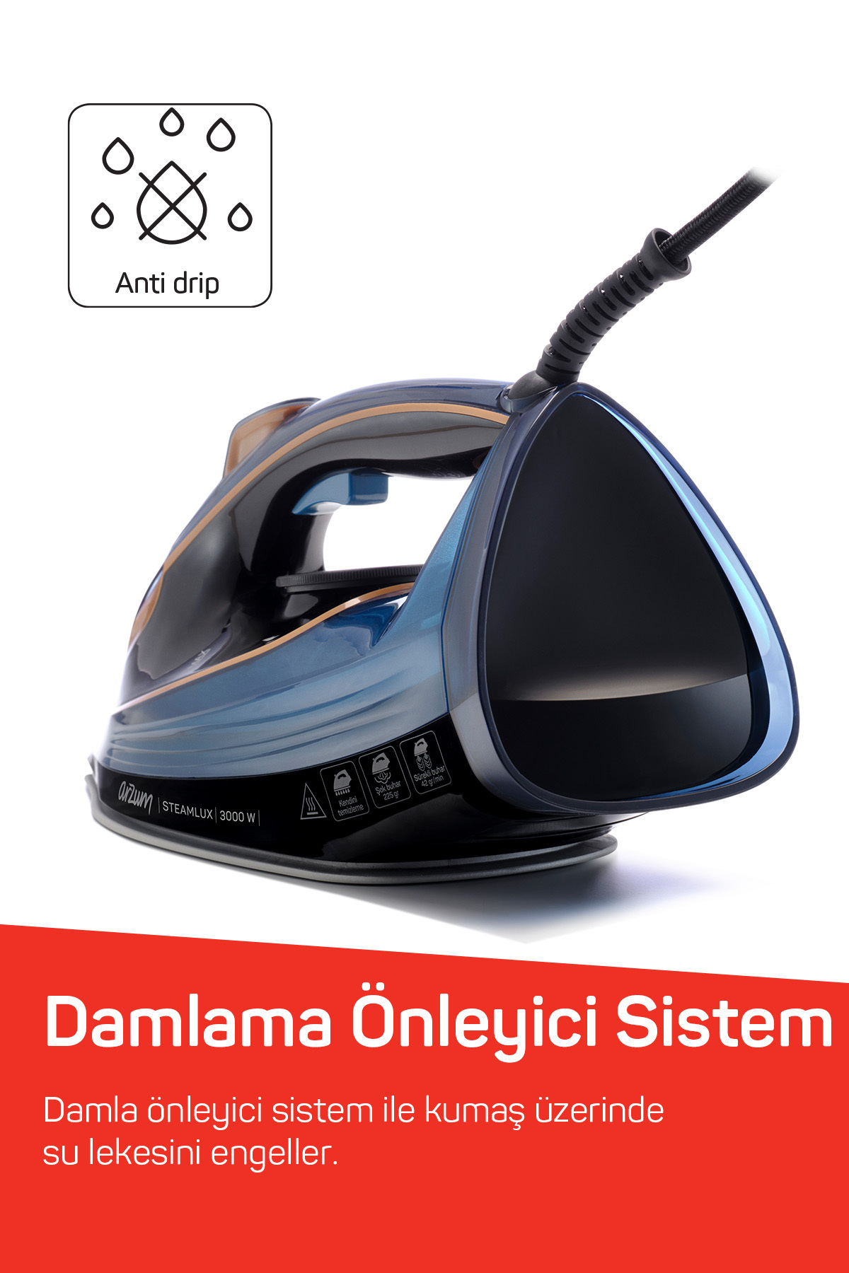 AR6043 Steamlux Buharlı Ütü Seramik Taban 3000W, 225 gr/min Şok Buhar, Mavi 5