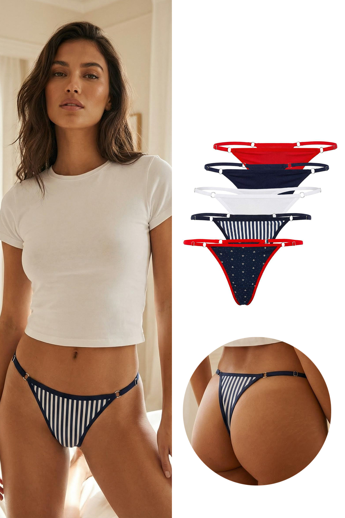 Trendyol Collection Marineblau-Mehrfarbiges 5-teiliges Single-Jersey-Tanga-Se...