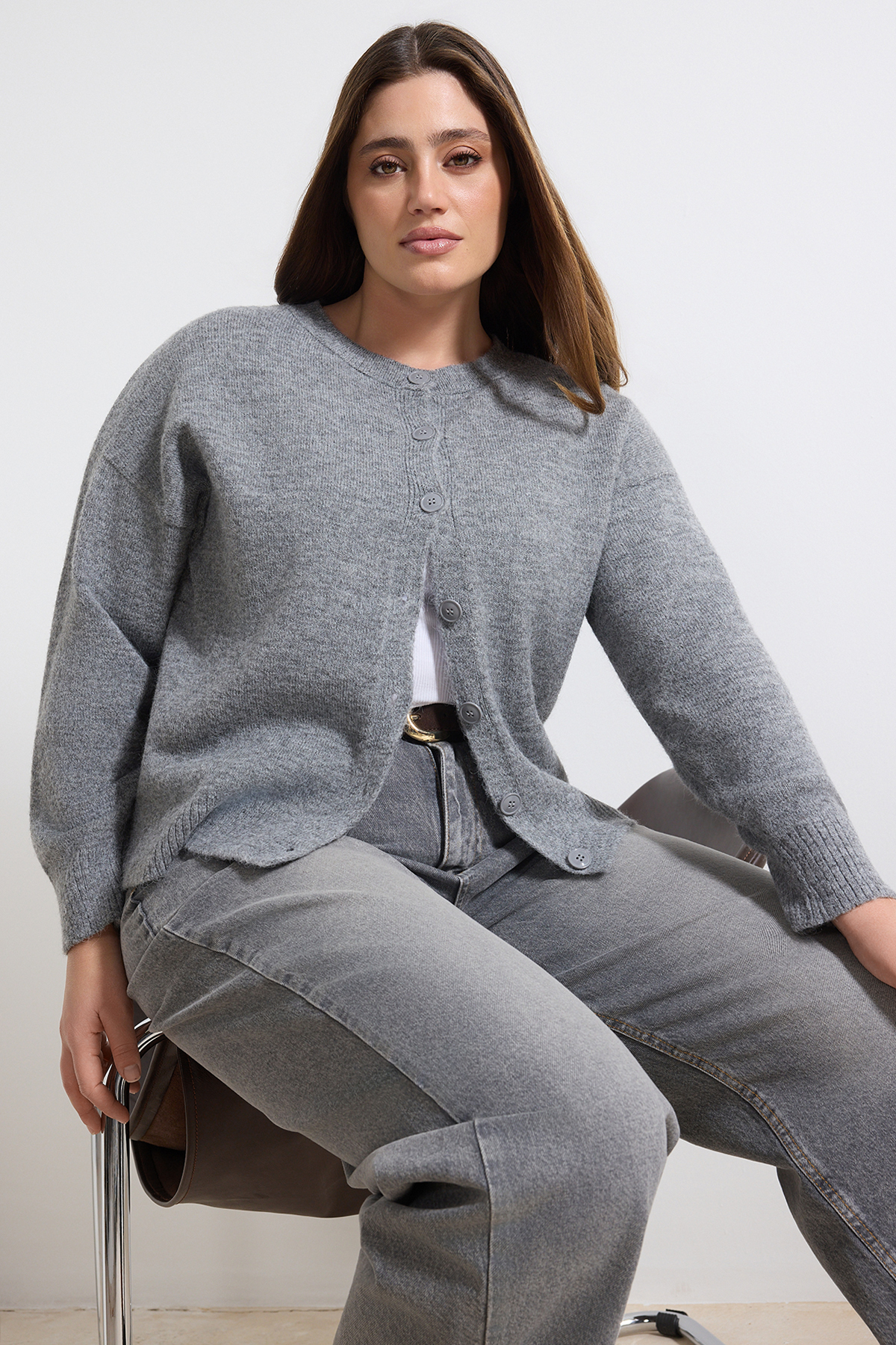 Trendyolmilla  Wardrobe Essentials Antrasit Alpaka Yünü Karışımlı Basic Triko Hırka TBBAW26AV00037 - Görsel 2