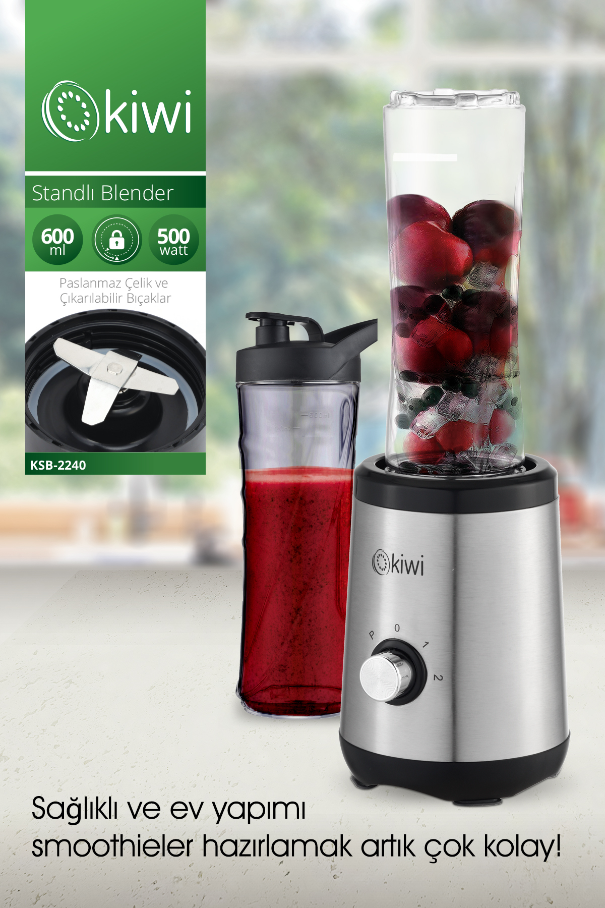 KSB-2240 Stainless Steel Sports Blender with Stand - Personal Smoothie Blender 600 ml with Glass