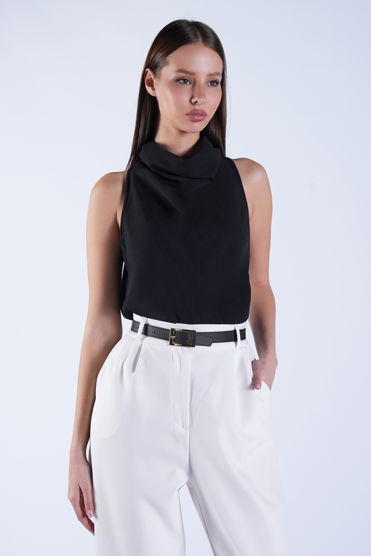 Black Upright Neck Hidden Zippered Sleeveless Knitted Blouse ALC-X15101