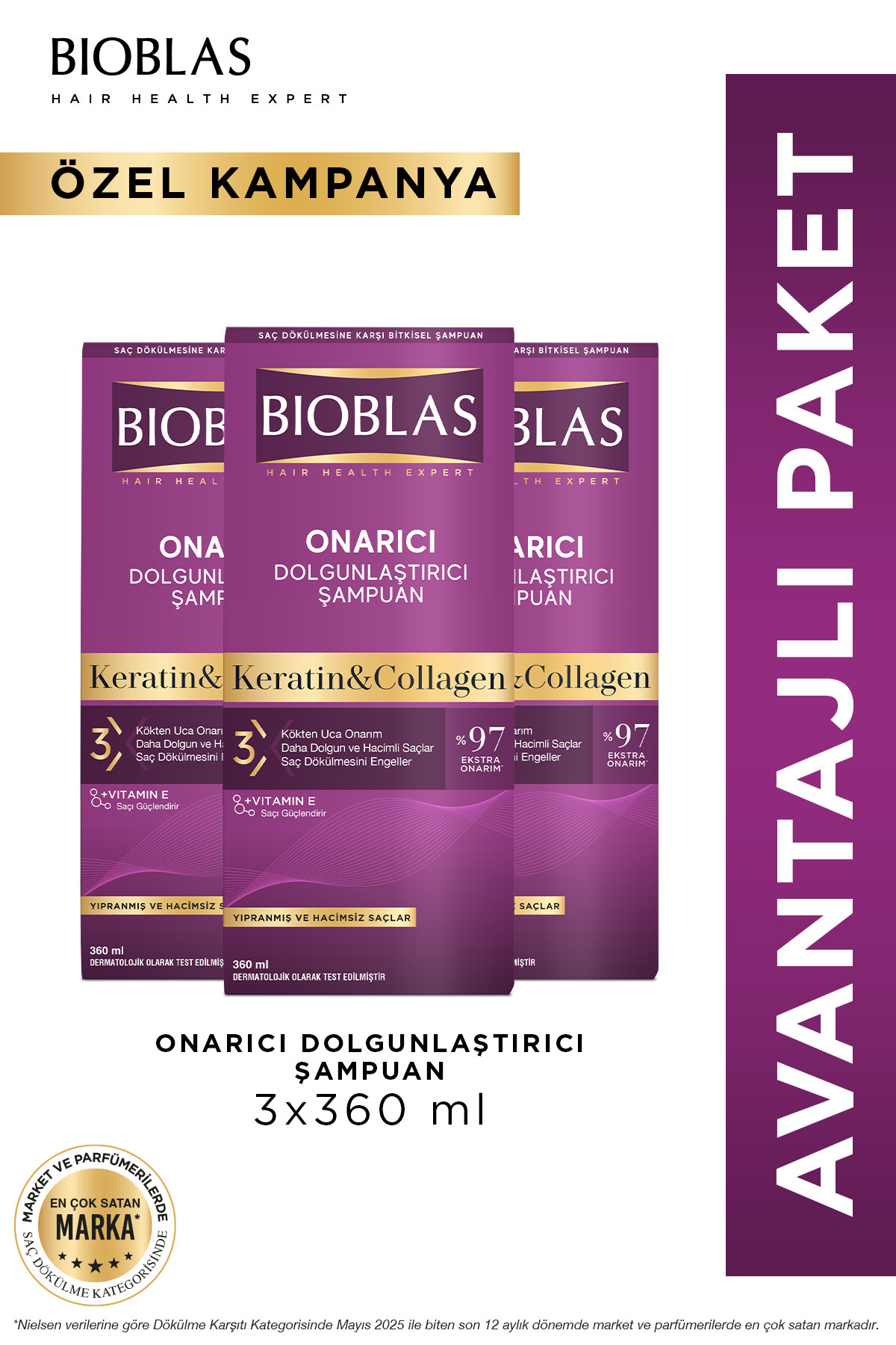 Keratin & Kolajen Onarıcı Dolgunlaştırıcı Saç Bakım Şampuanı 3 x 360 Ml İnce ve Yıpranmış Saçlar — B10315
