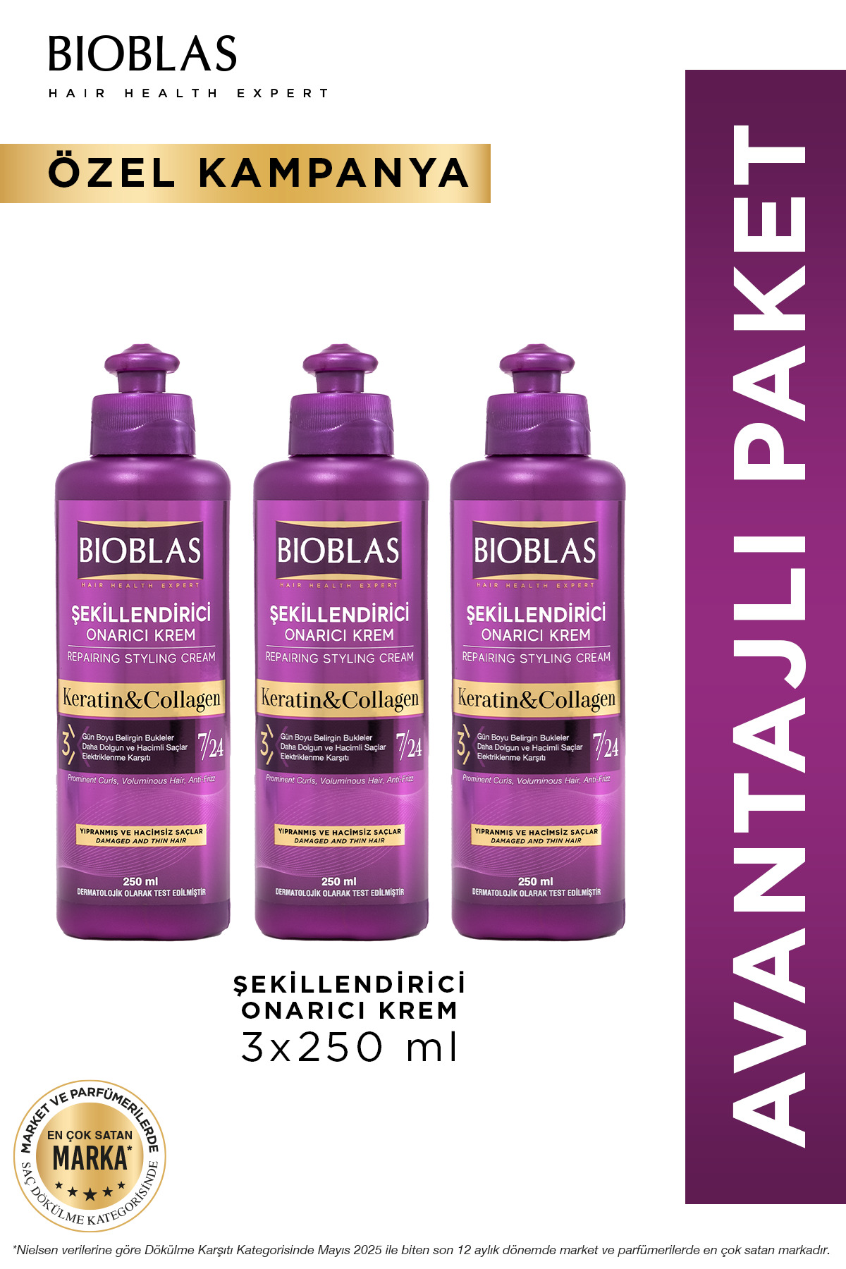 Bioblas 7 24 Şekillendirici Saç Bakım Kremi Belirgin Bukleler Dalgalı Ve Kıvırcık Saçlar 3 x 250ML — B10311