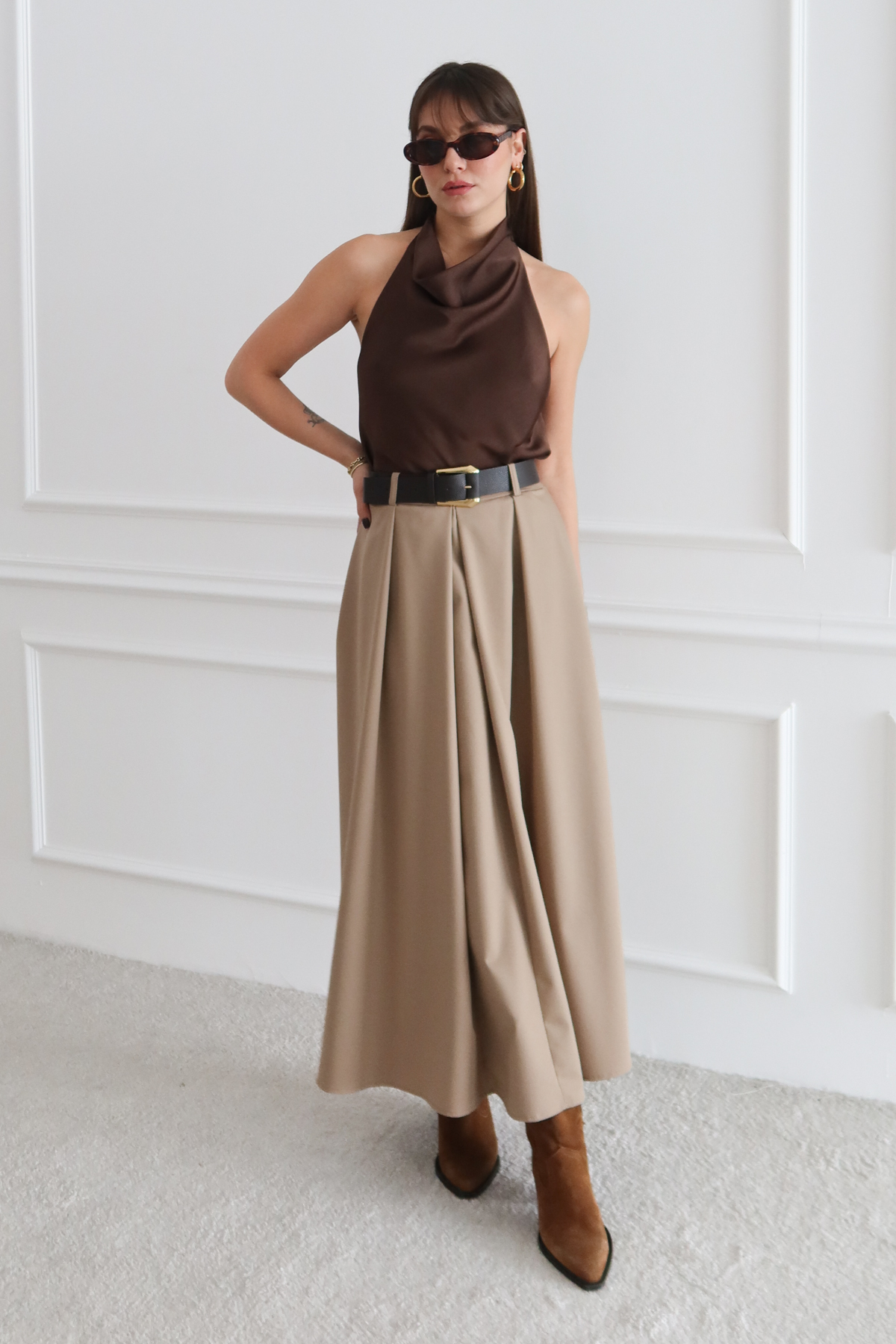 Trendyolmilla  Bej Kemerli A-line Kloş Dokuma Maxi Uzun Etek TWOAW26ET00168 - Görsel 2